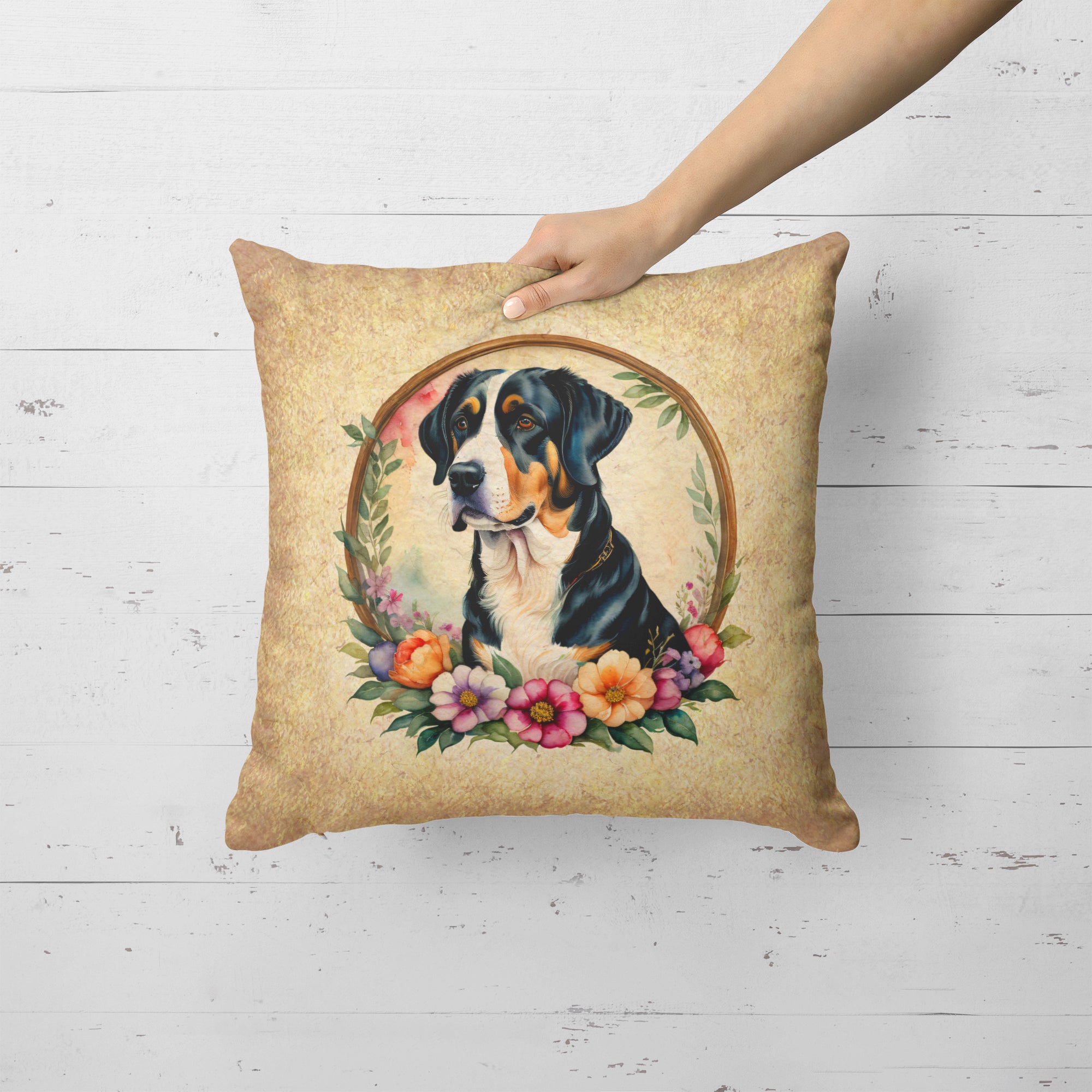 Greater Swiss Mountain Dog and Flowers Fabric Decorative Pillow