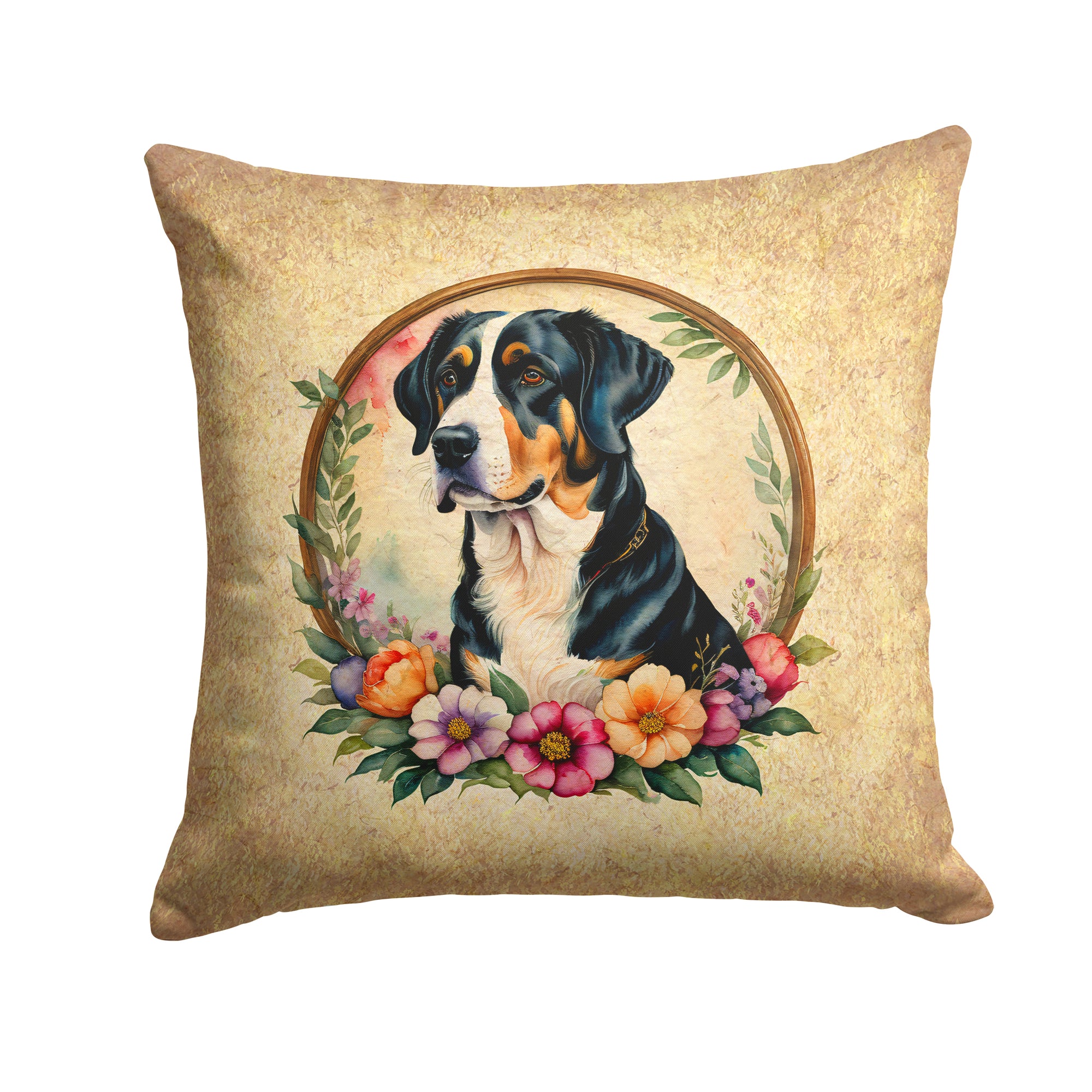 Buy this Greater Swiss Mountain Dog and Flowers Fabric Decorative Pillow