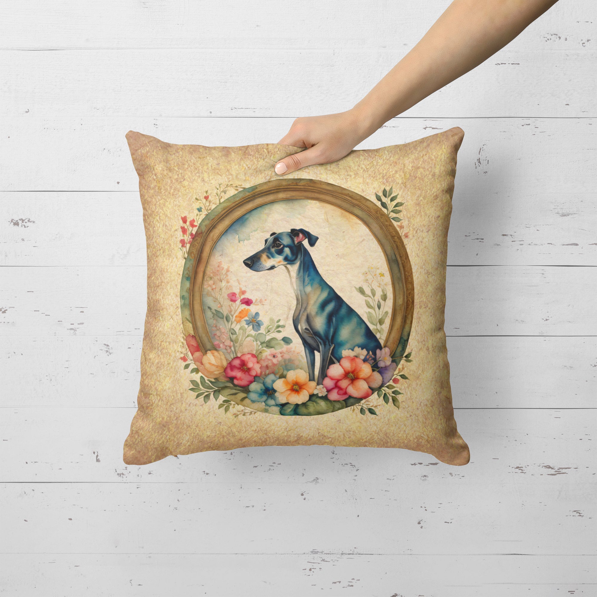Greyhound and Flowers Fabric Decorative Pillow