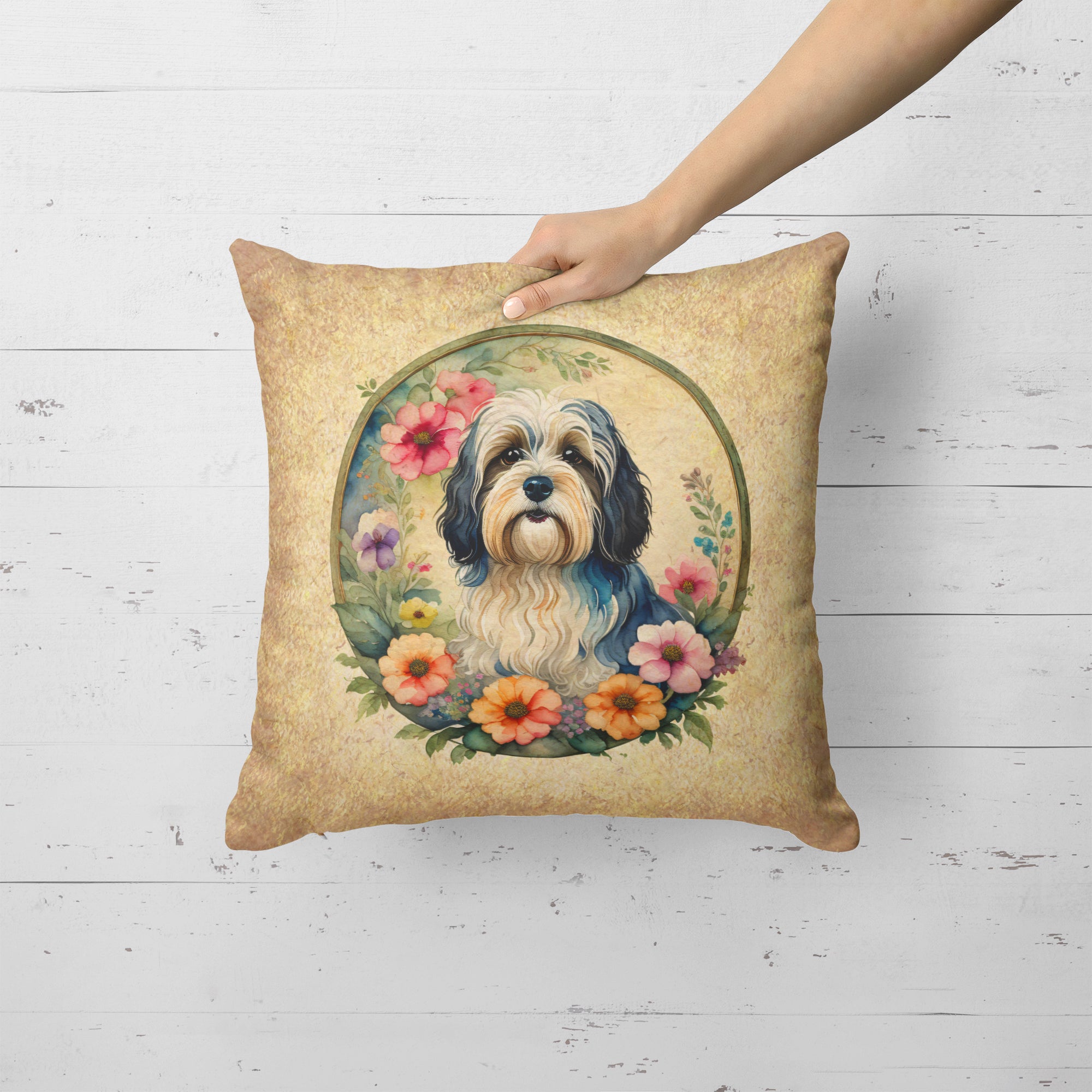 Havanese and Flowers Fabric Decorative Pillow