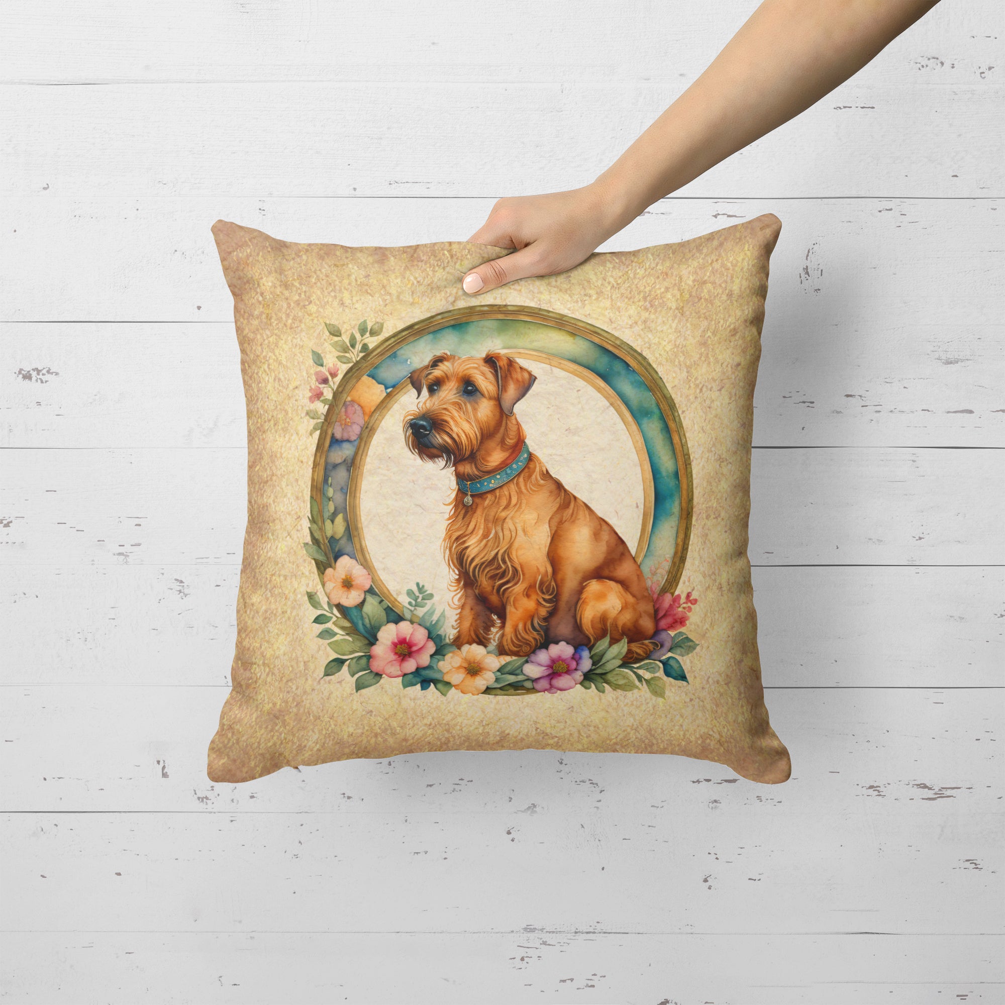 Irish Terrier and Flowers Fabric Decorative Pillow