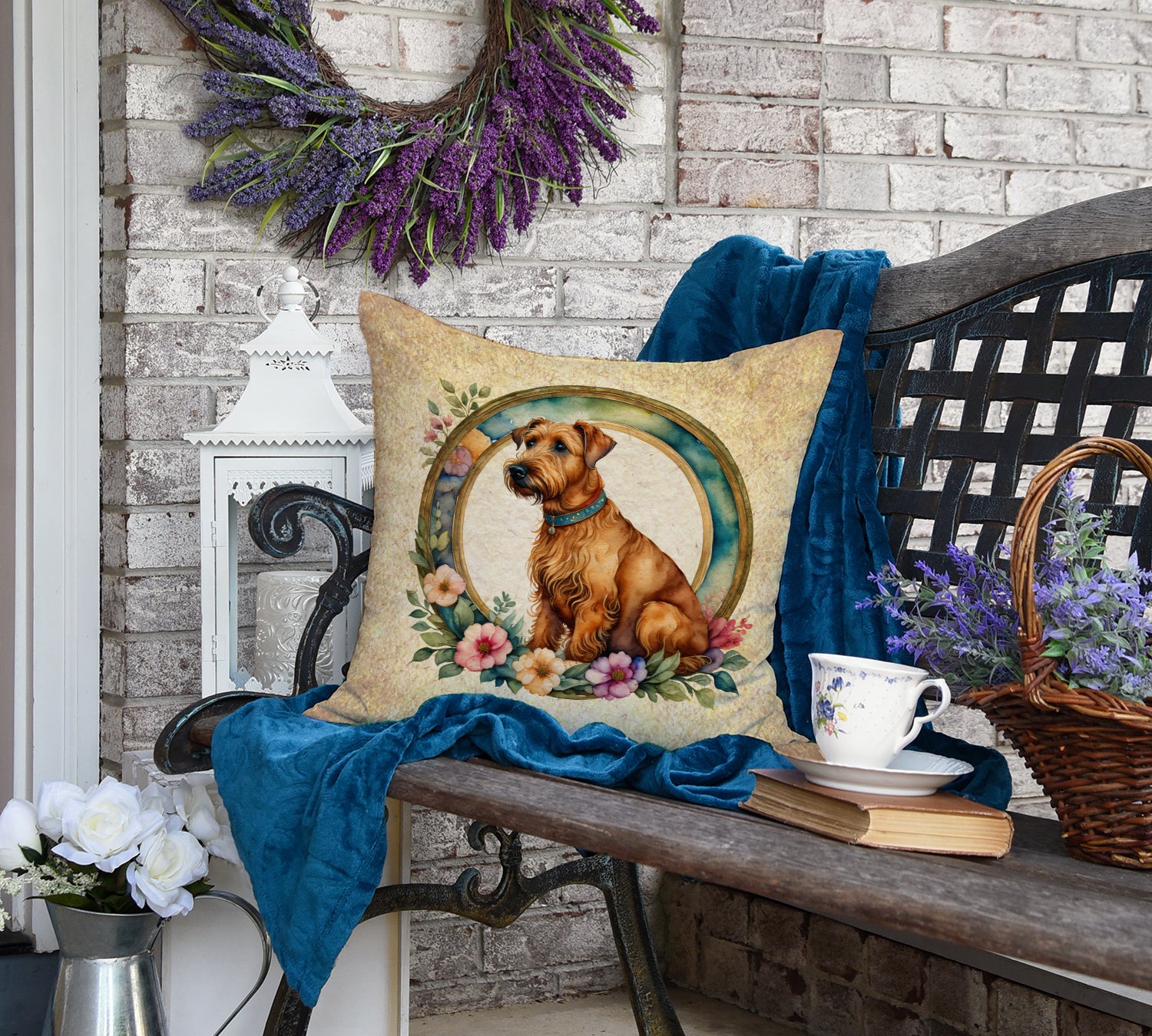 Irish Terrier and Flowers Fabric Decorative Pillow