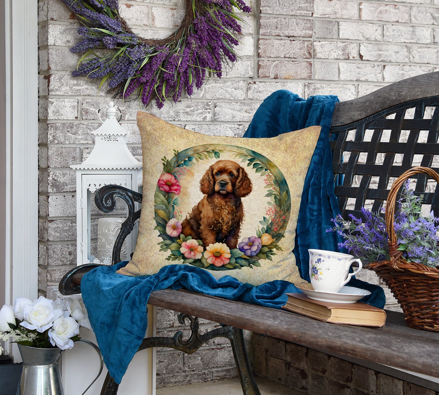 Irish Water Spaniel and Flowers Fabric Decorative Pillow