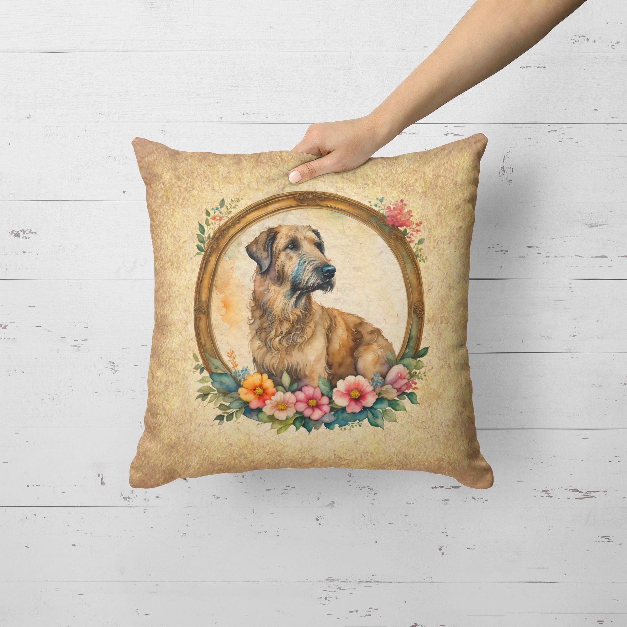 Irish Wolfhound and Flowers Fabric Decorative Pillow