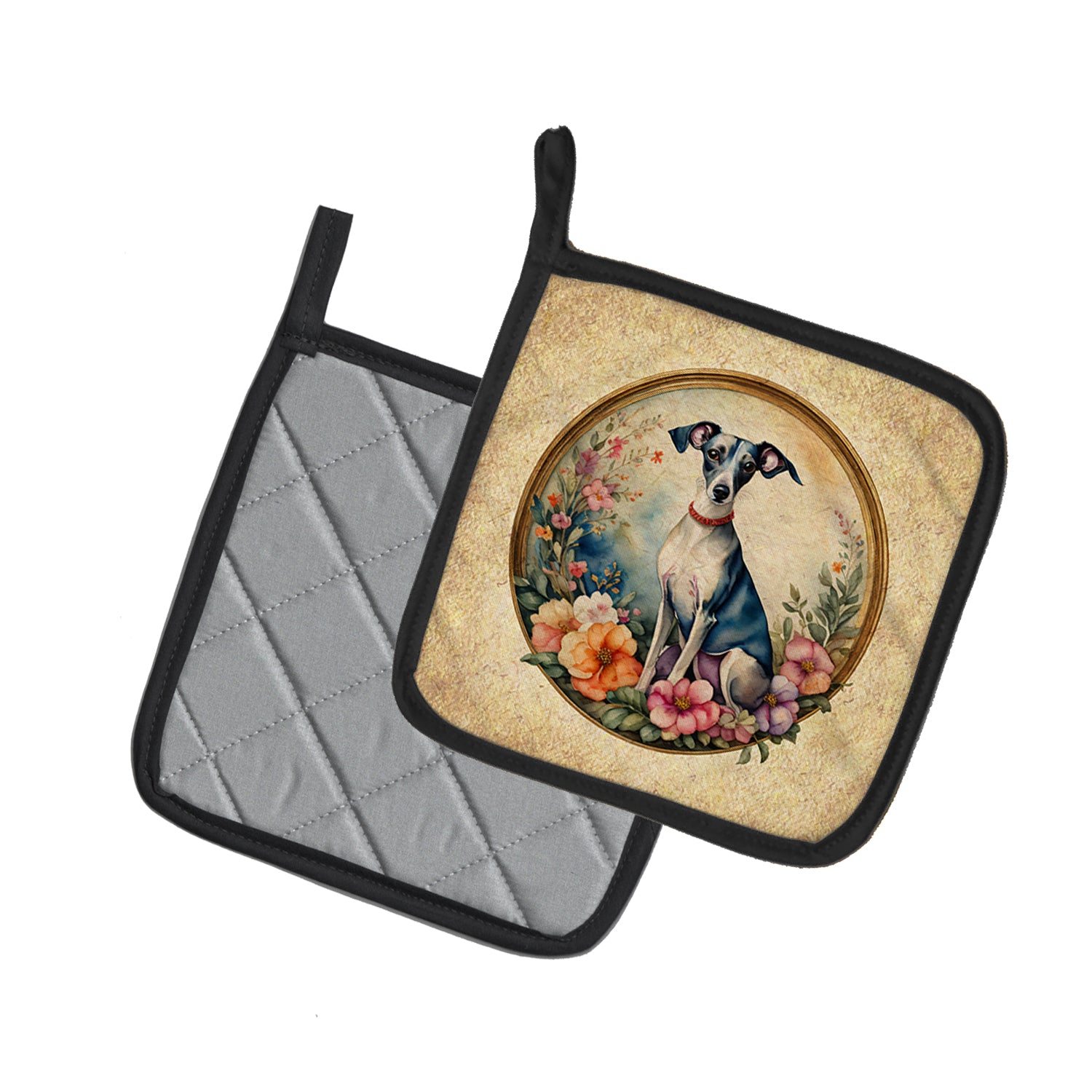 Italian Greyhound and Flowers Pair of Pot Holders