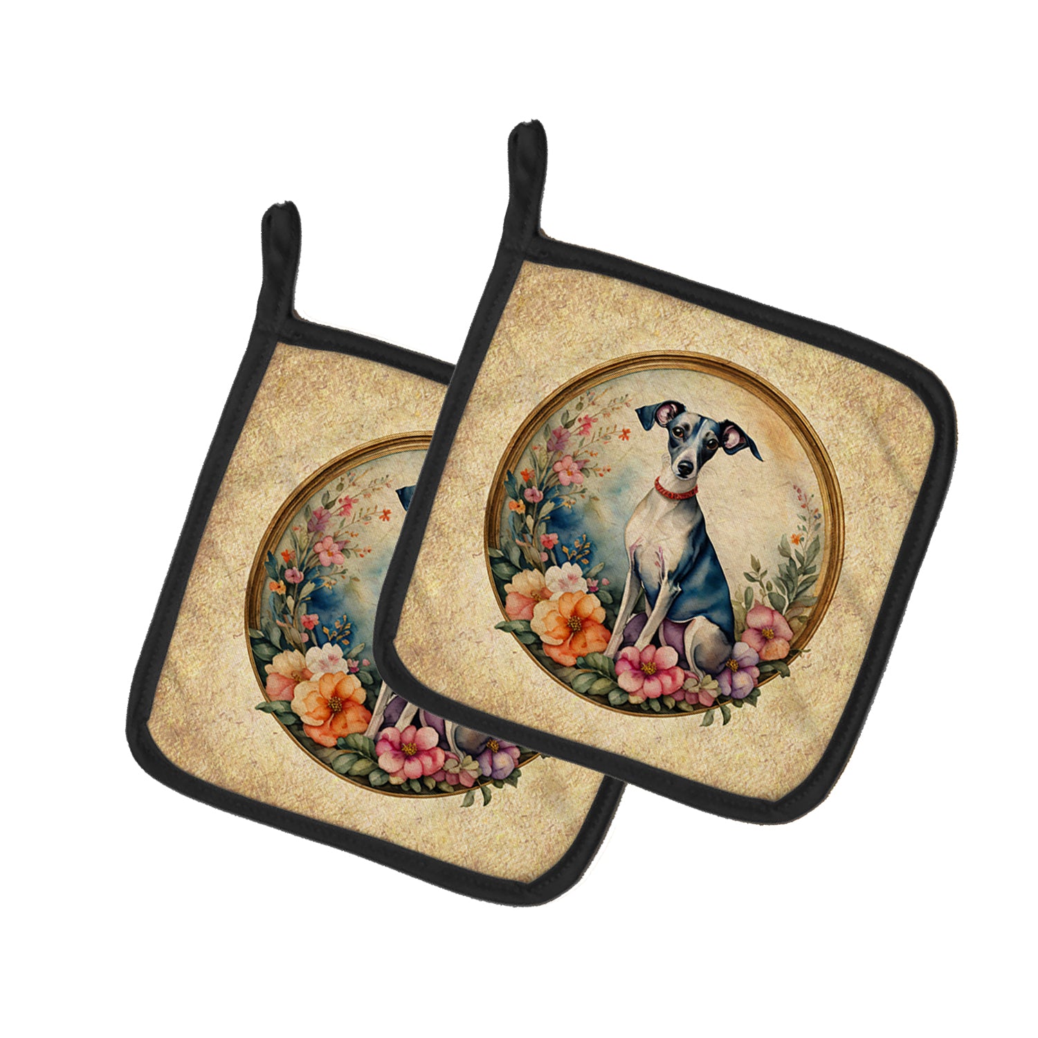 Buy this Italian Greyhound and Flowers Pair of Pot Holders