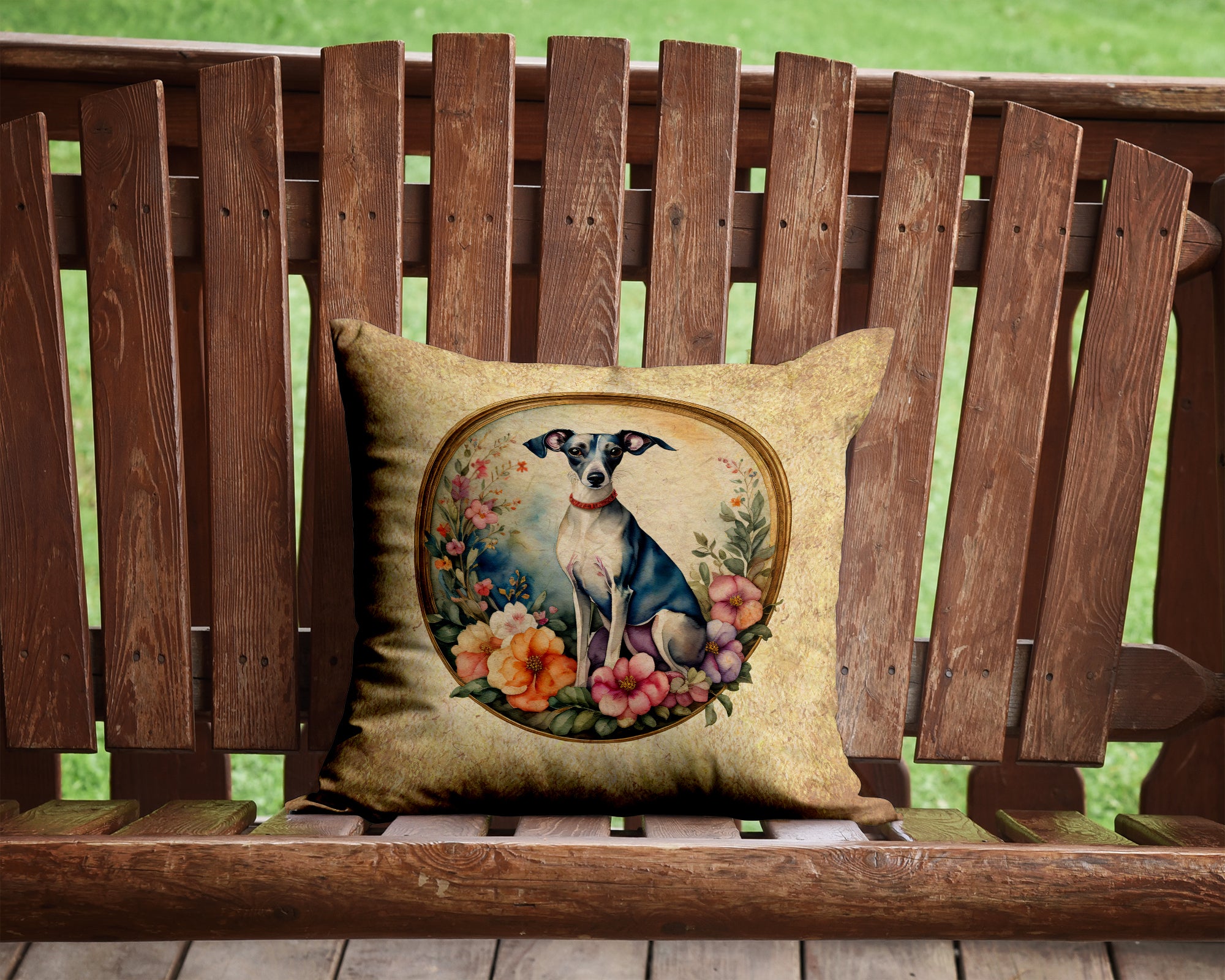 Italian Greyhound and Flowers Fabric Decorative Pillow