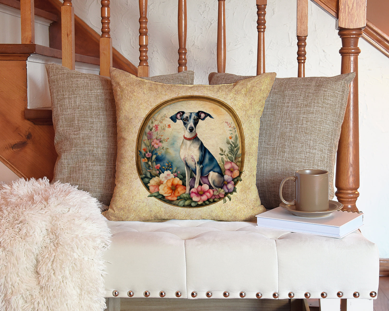 Italian Greyhound and Flowers Fabric Decorative Pillow