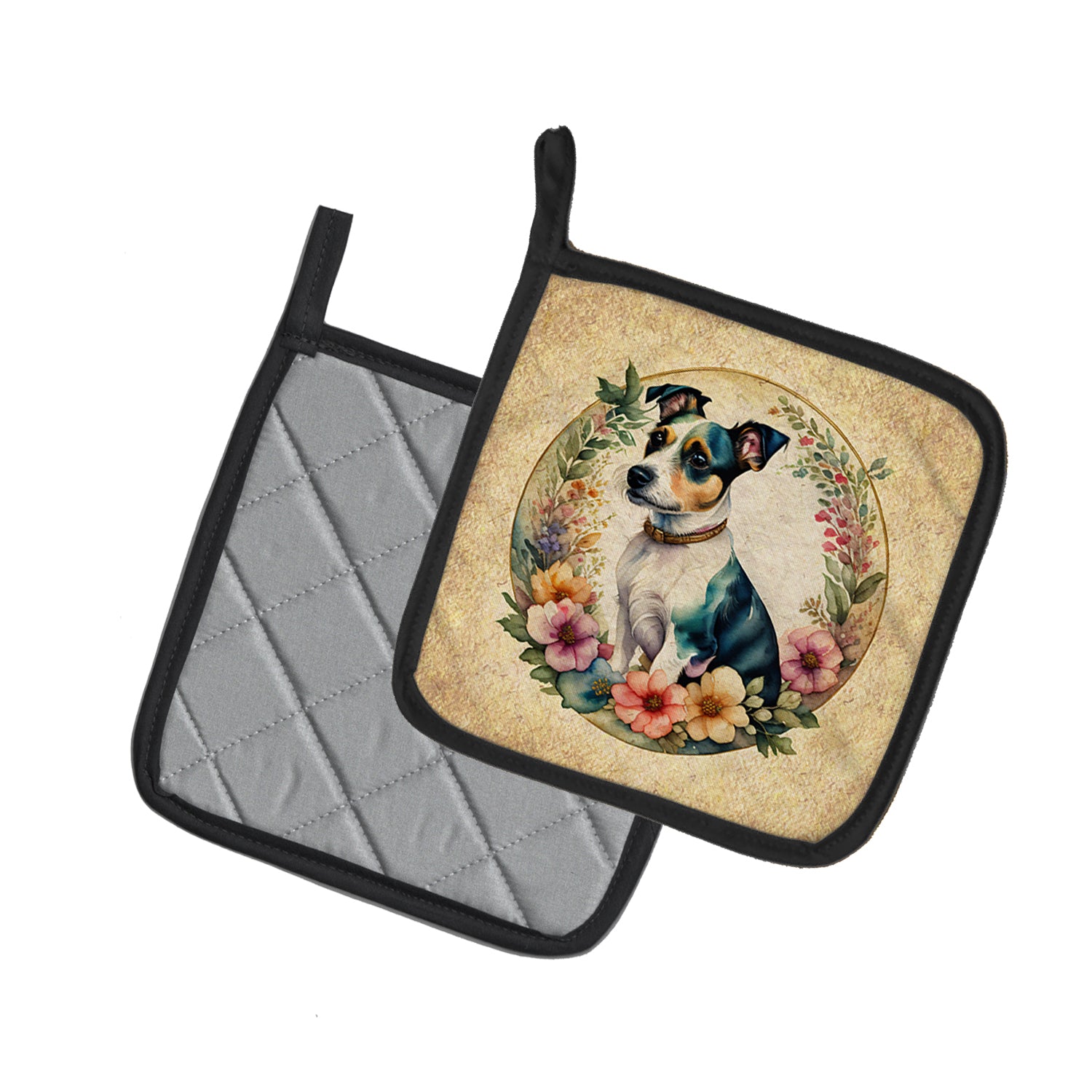 Buy this Jack Russell Terrier and Flowers Pair of Pot Holders