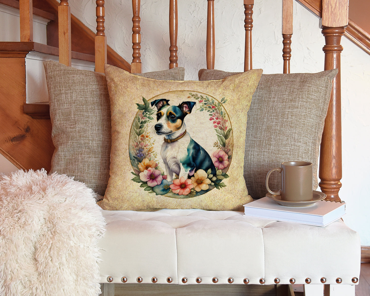 Jack Russell Terrier and Flowers Fabric Decorative Pillow