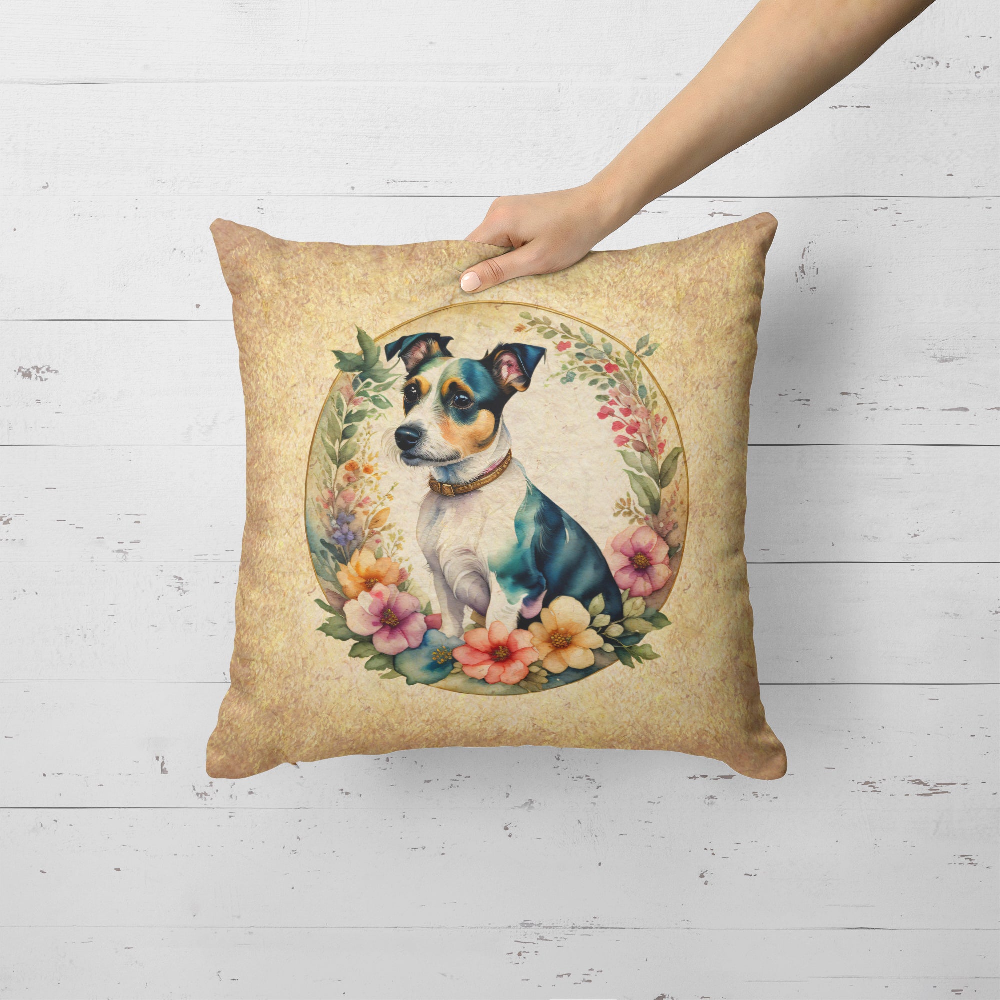 Buy this Jack Russell Terrier and Flowers Fabric Decorative Pillow