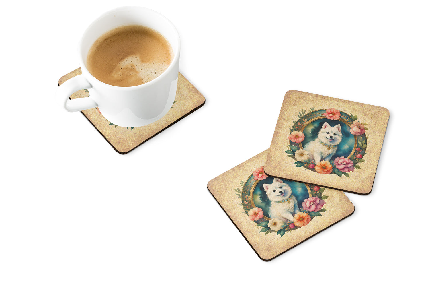 Caroline's Treasures Japanese Spitz and Flowers Coasters - Set of 4 Lightweight Foam, Absorbent Drink Coasters