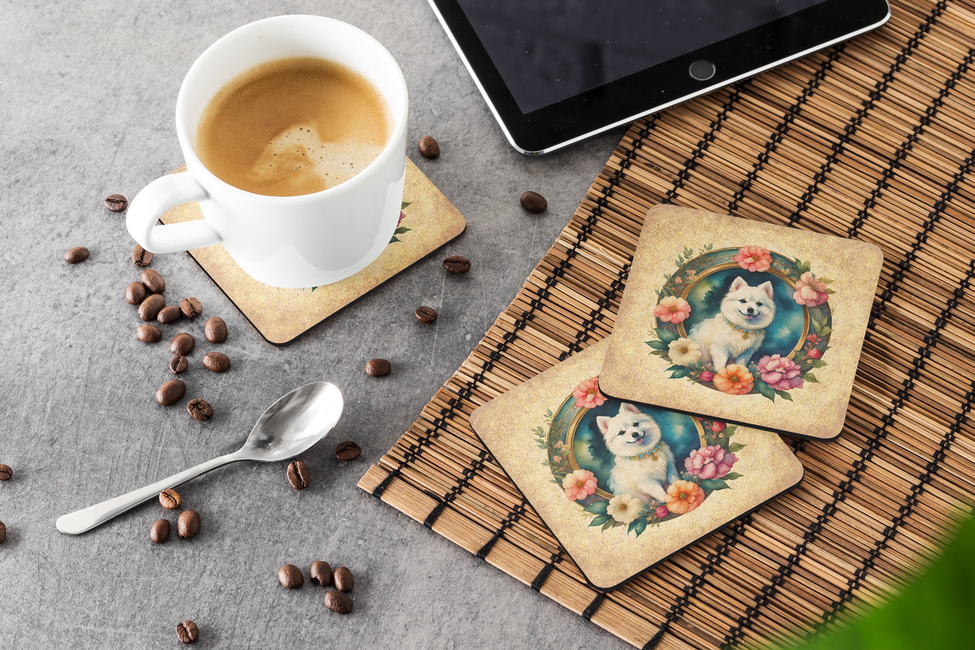 Japanese Spitz and Flowers Foam Coasters