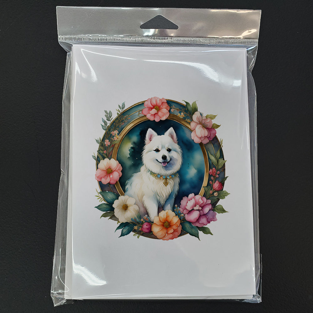 Japanese Spitz and Flowers Greeting Cards and Envelopes Pack of 8
