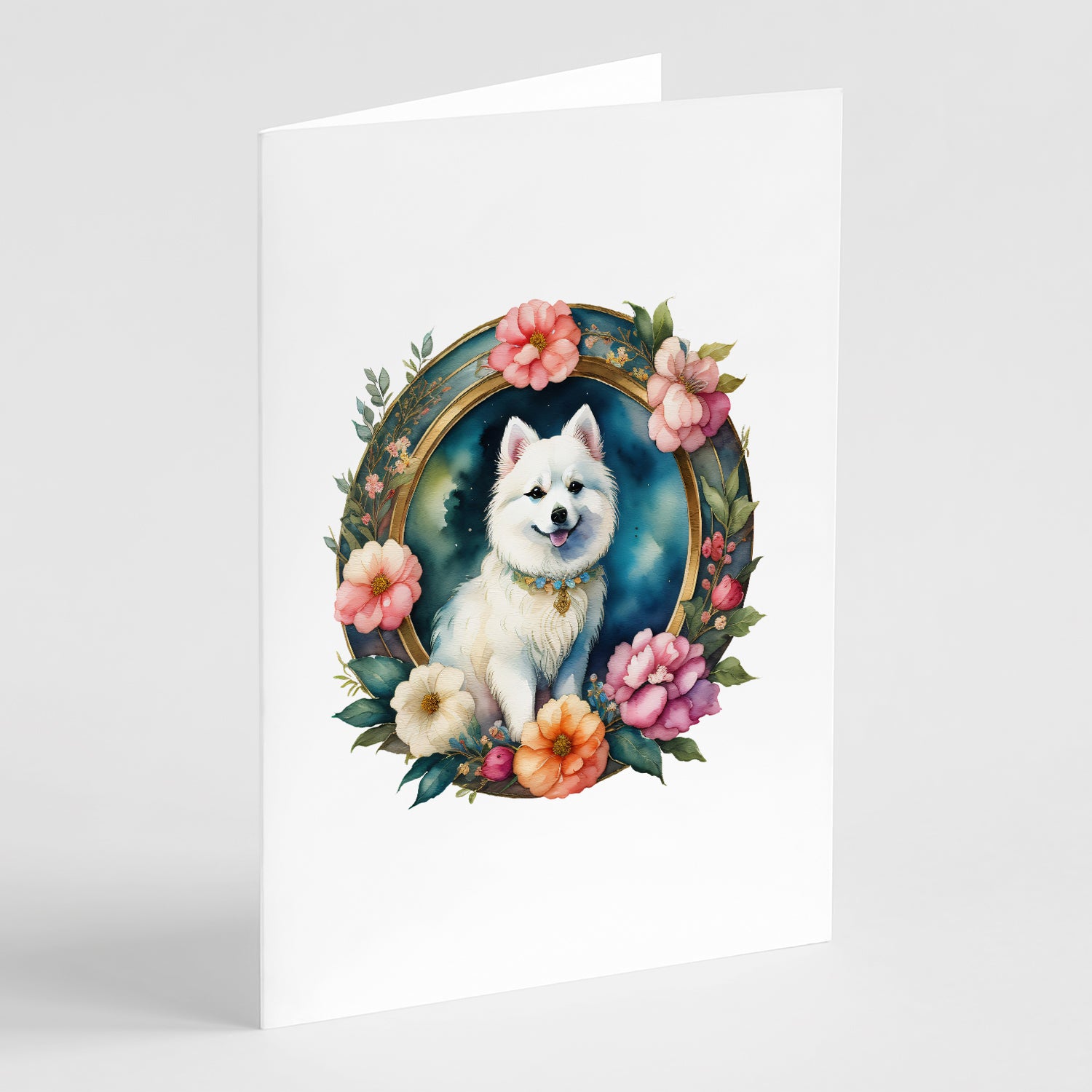 Buy this Japanese Spitz and Flowers Greeting Cards and Envelopes Pack of 8