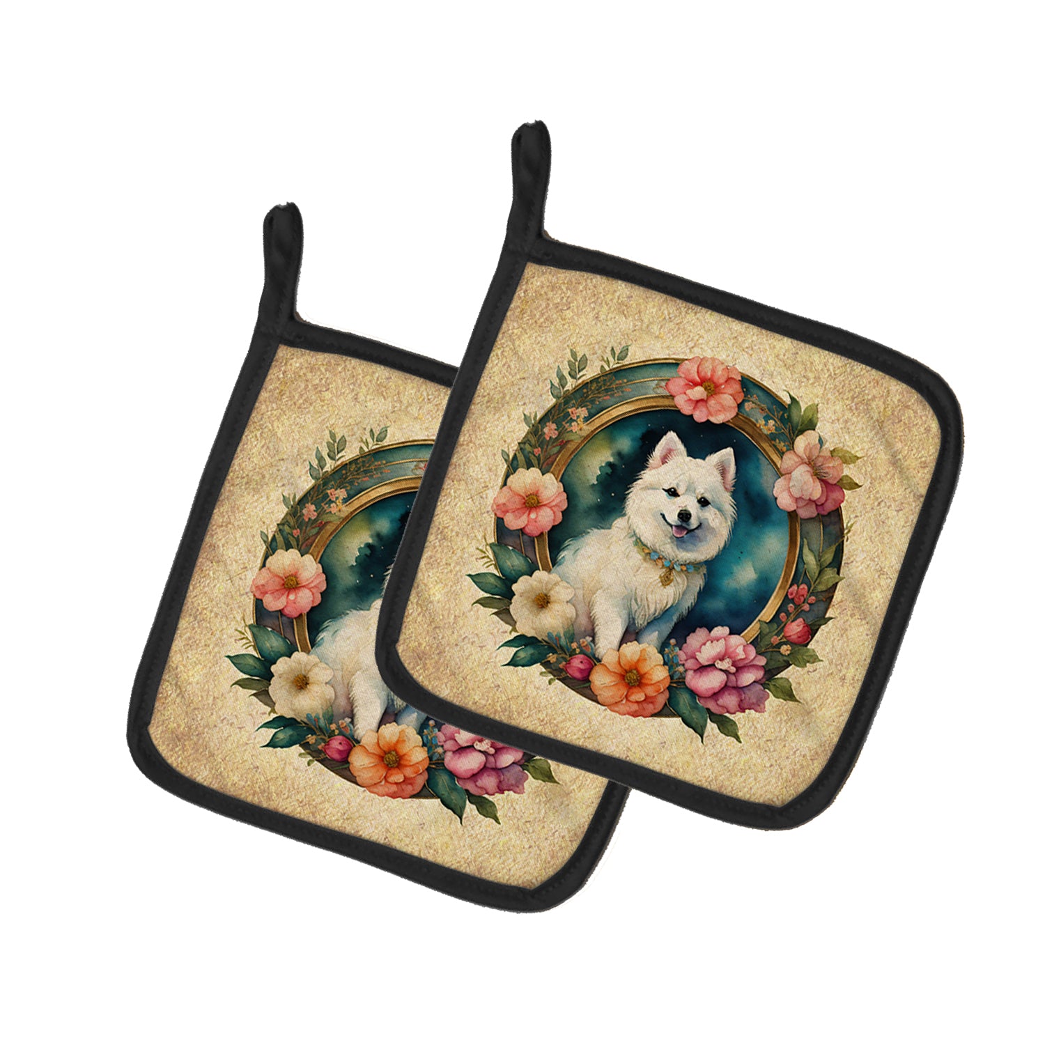 Buy this Japanese Spitz and Flowers Pair of Pot Holders