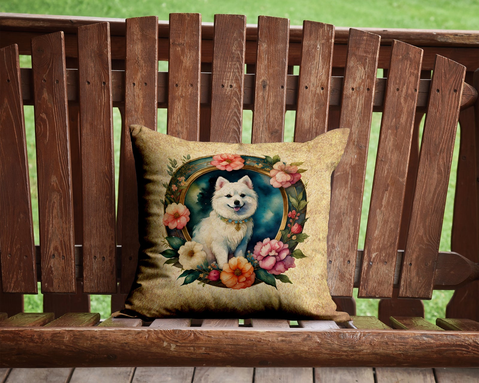 Caroline's Treasures Japanese Spitz and Flowers Throw Pillow - 14x14 Decorative Pillow – Art for Your Home & Patio