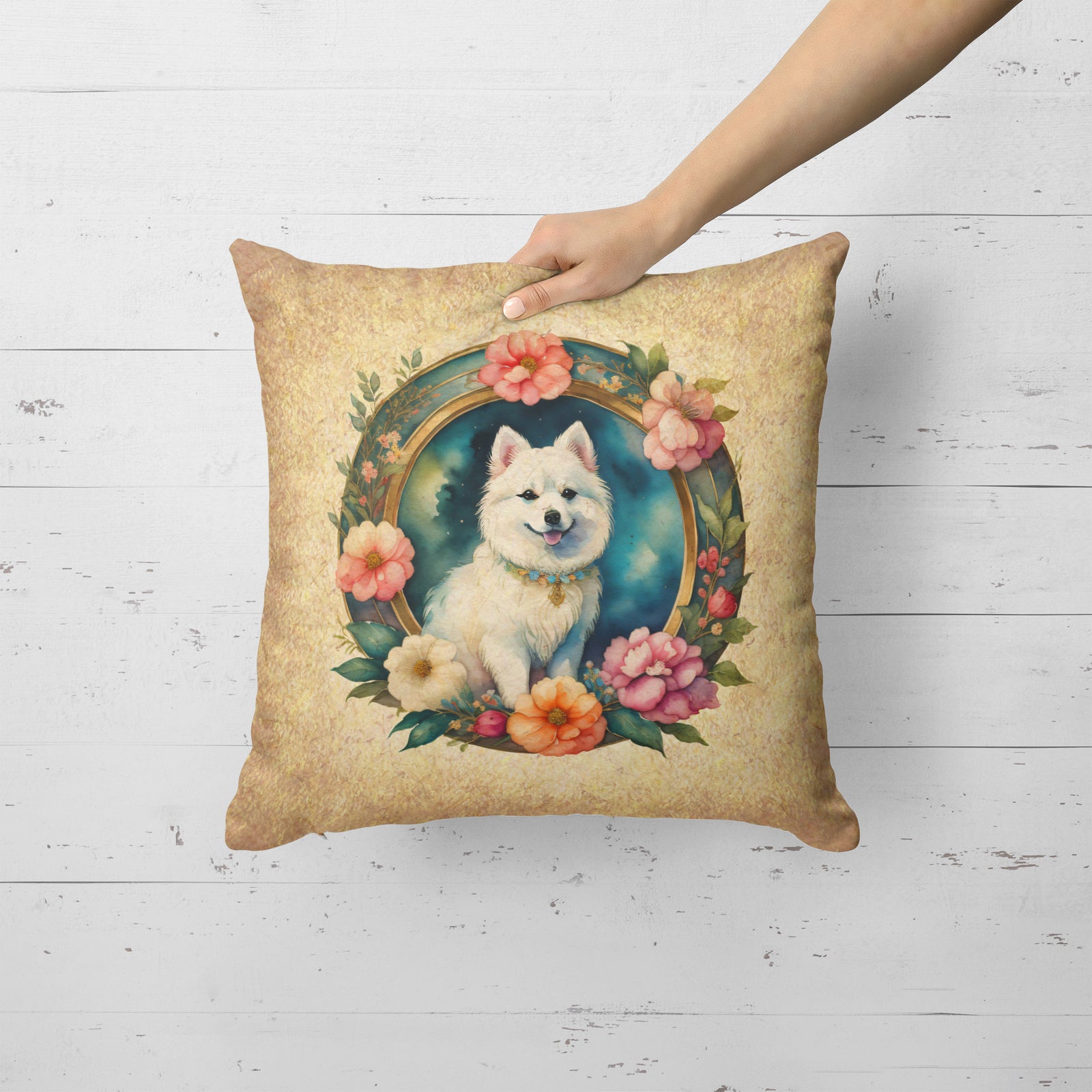 Caroline's Treasures Japanese Spitz and Flowers Fabric Decorative Pillow