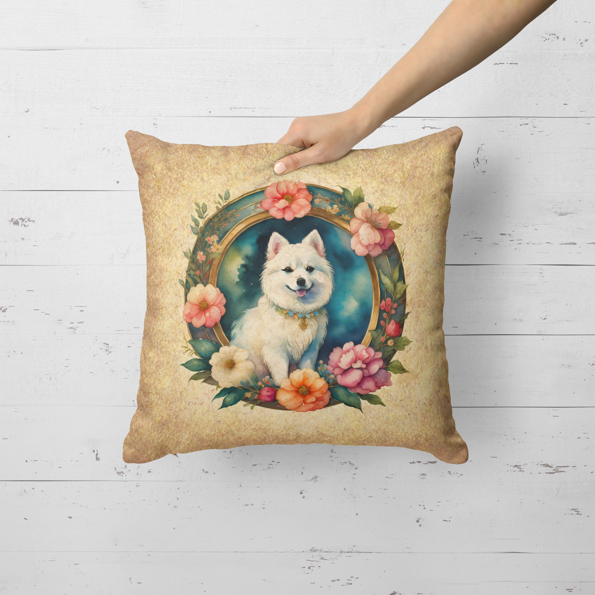 Buy this Japanese Spitz and Flowers Fabric Decorative Pillow
