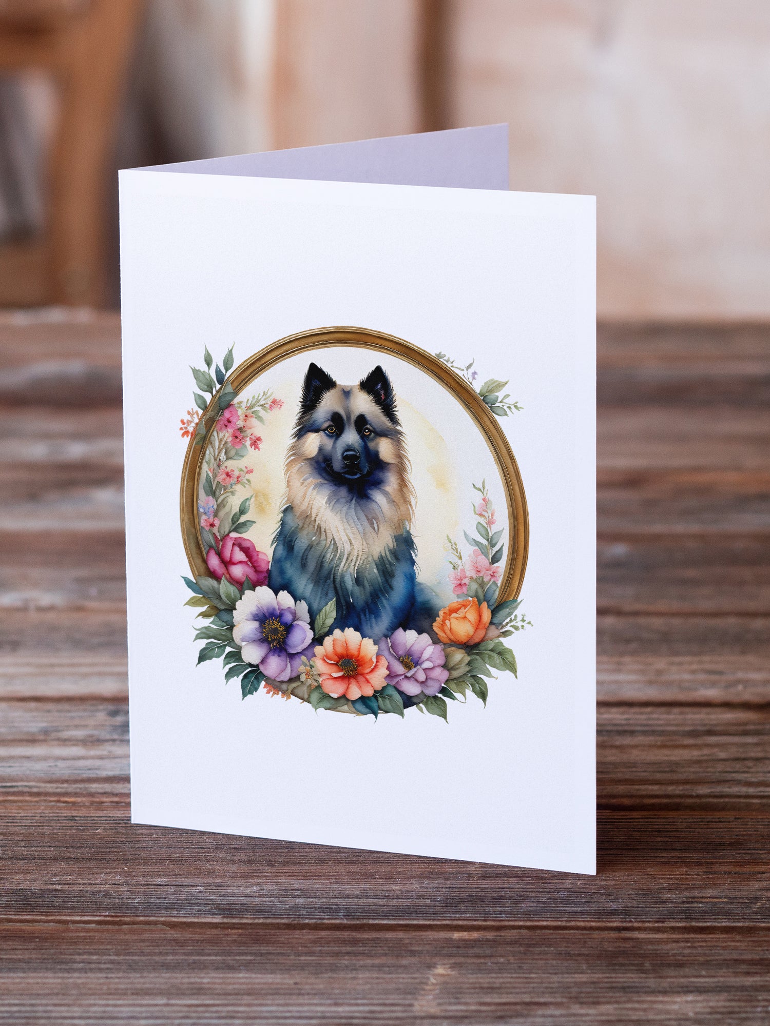 Keeshond and Flowers Greeting Cards and Envelopes Pack of 8