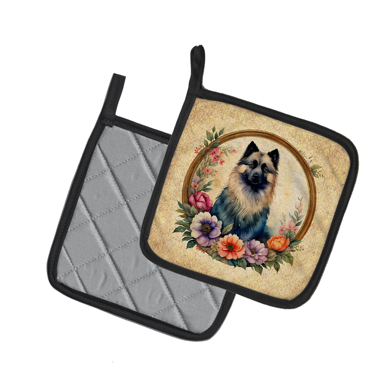 Keeshond and Flowers Pair of Pot Holders