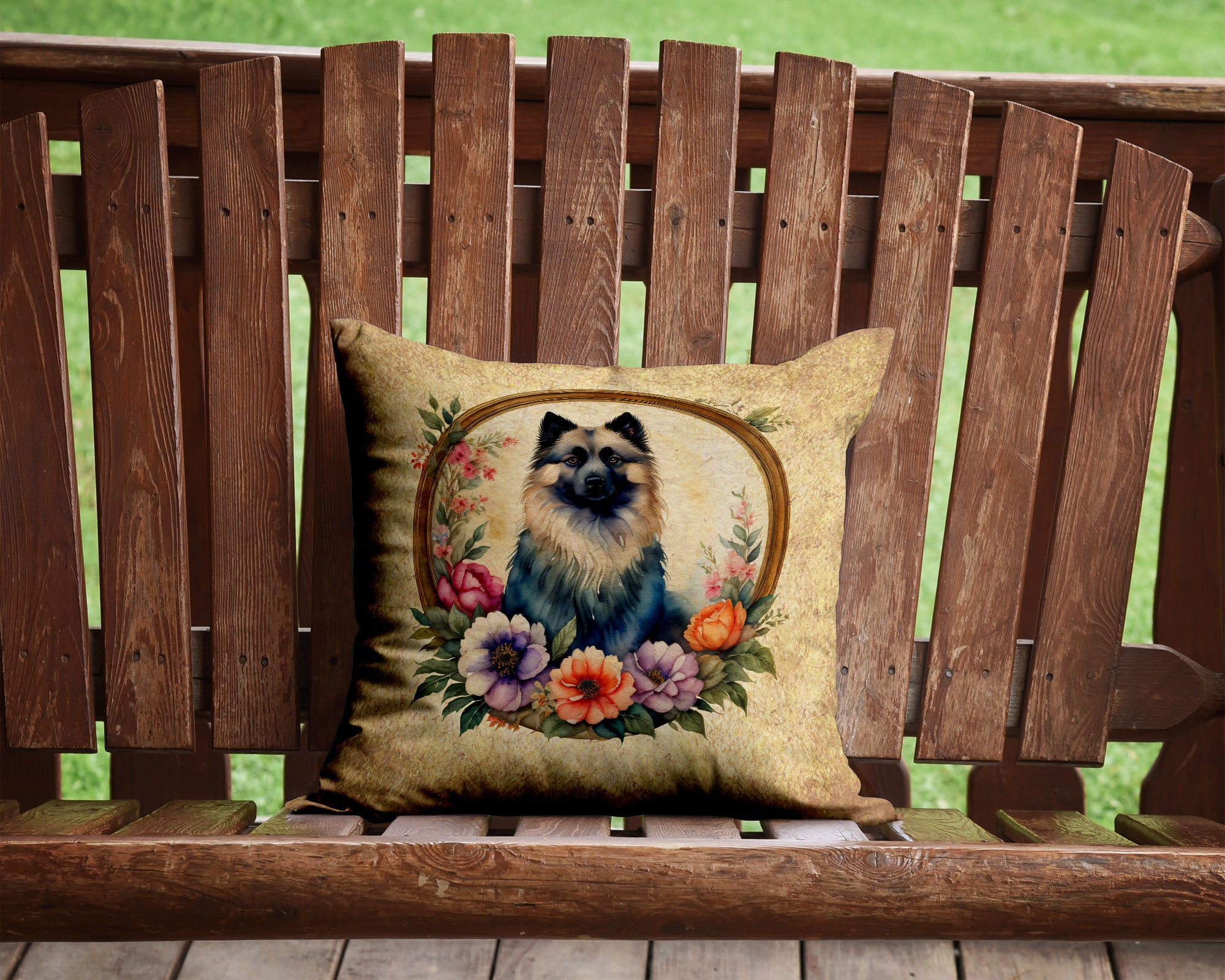 Keeshond and Flowers Fabric Decorative Pillow