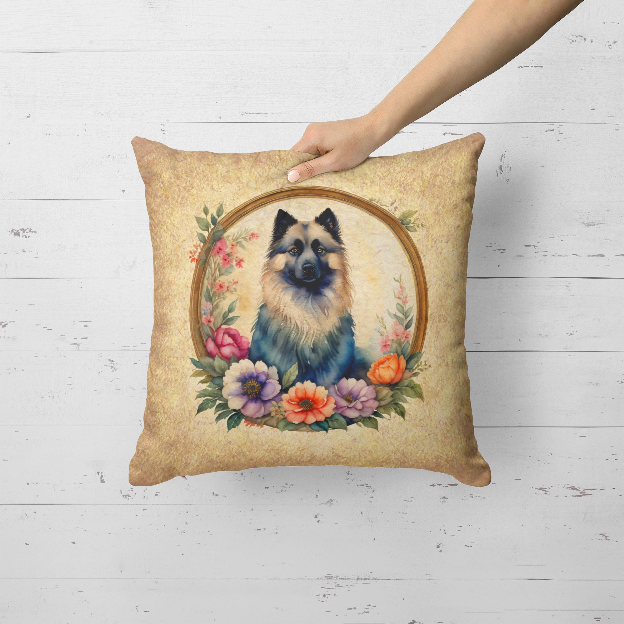 Keeshond and Flowers Fabric Decorative Pillow