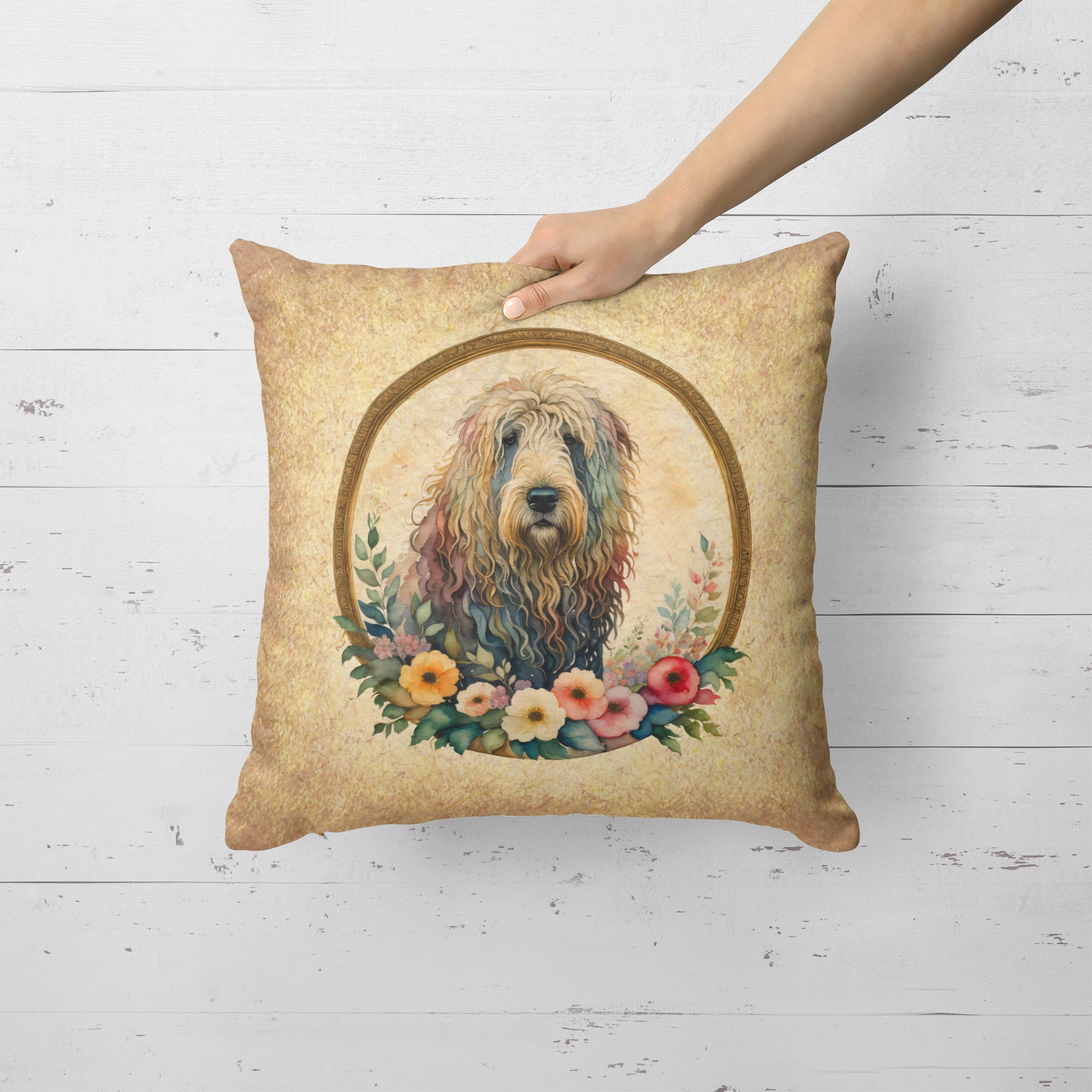 Buy this Komondor and Flowers Fabric Decorative Pillow