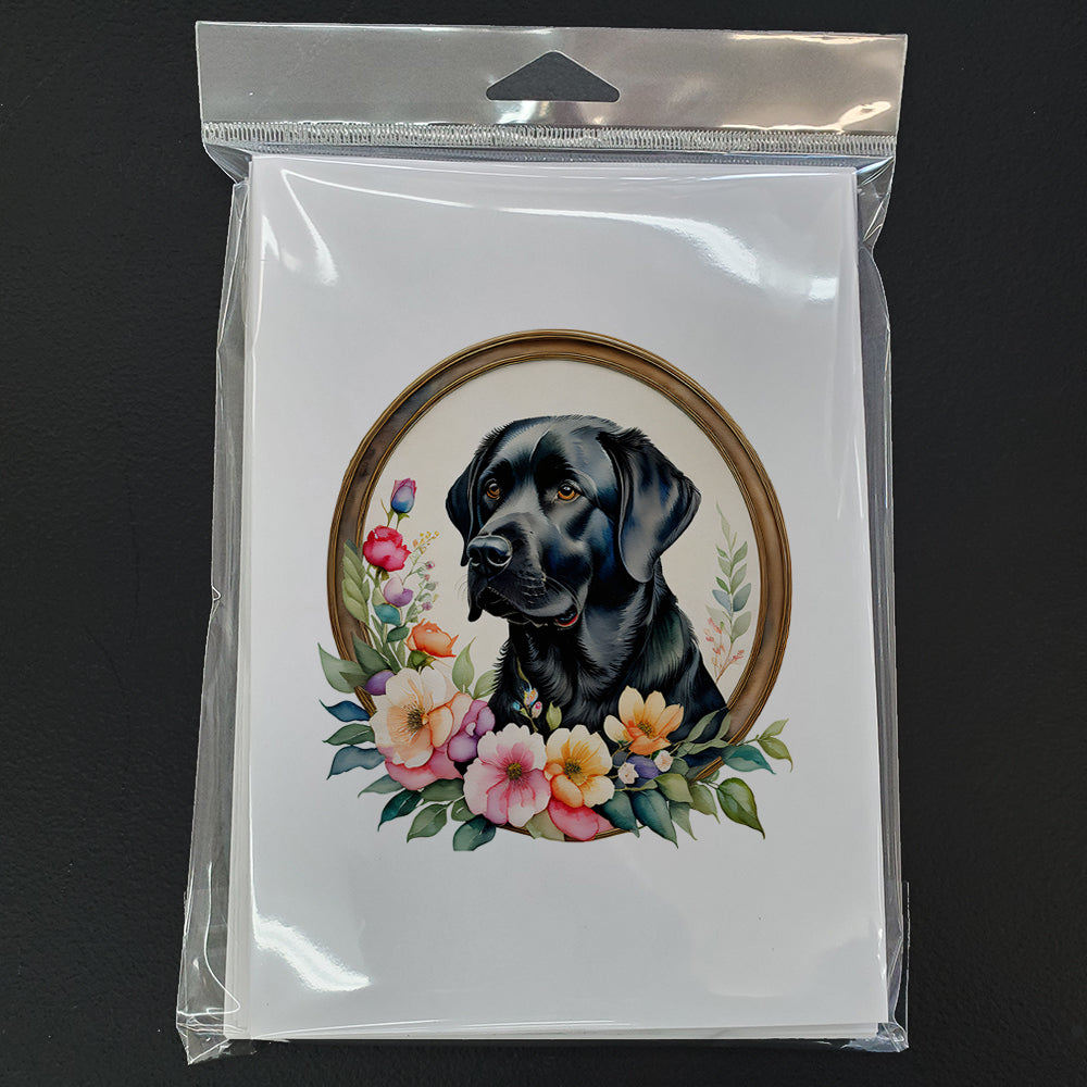 Black Labrador Retriever and Flowers Greeting Cards and Envelopes Pack of 8