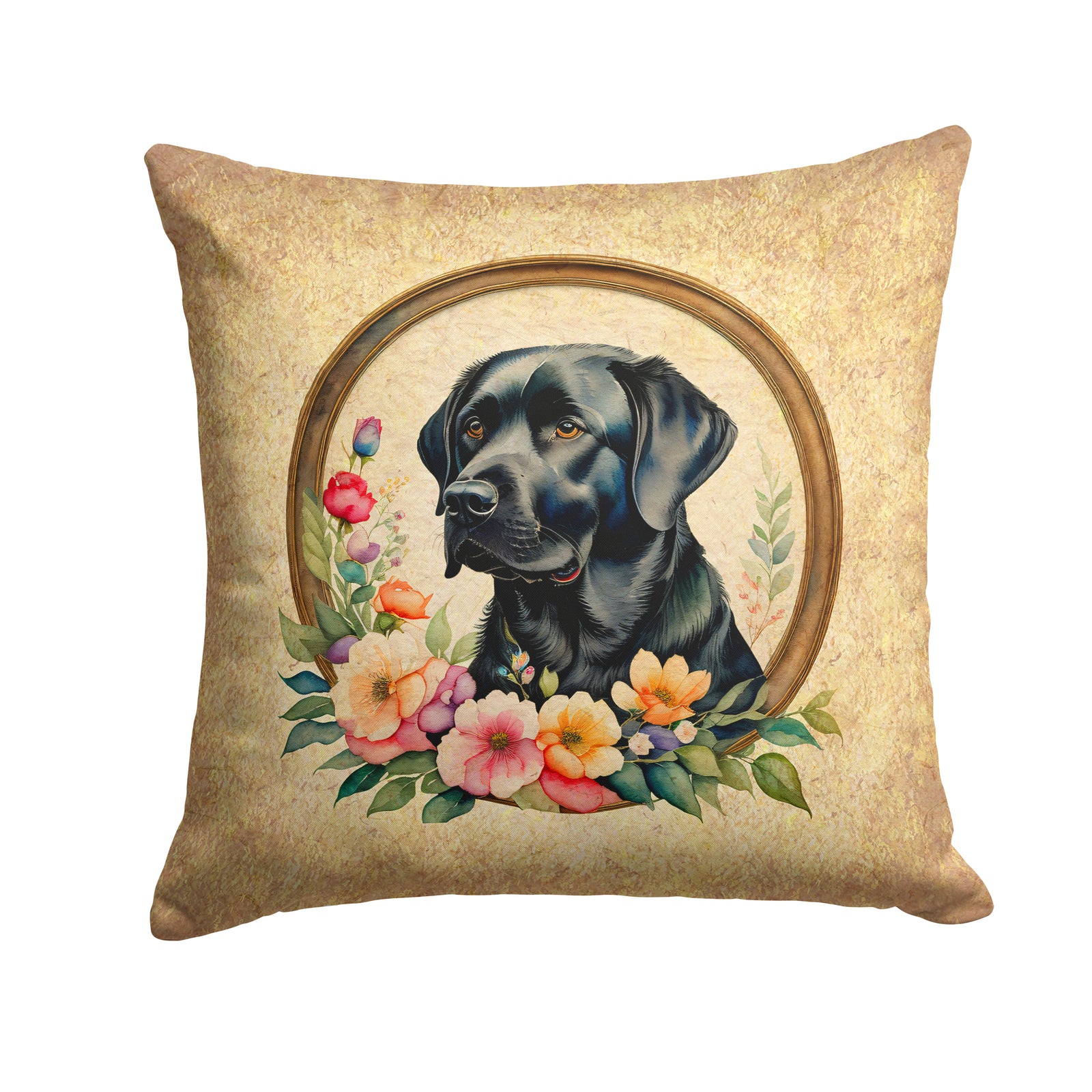 Buy this Black Labrador Retriever and Flowers Fabric Decorative Pillow