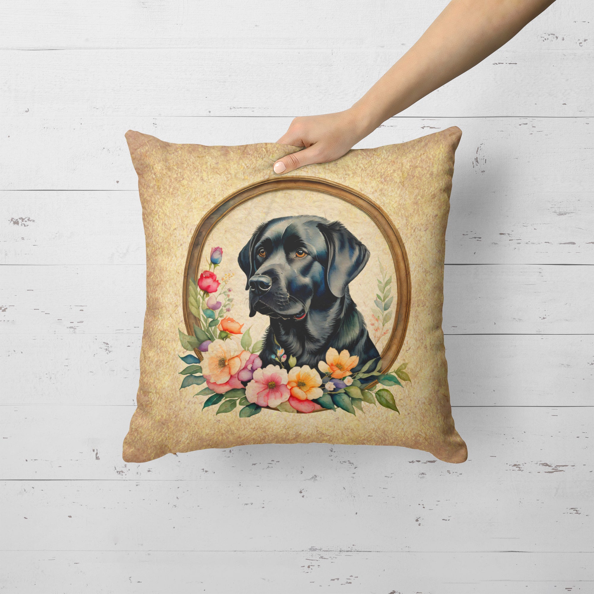Black Labrador Retriever and Flowers Fabric Decorative Pillow