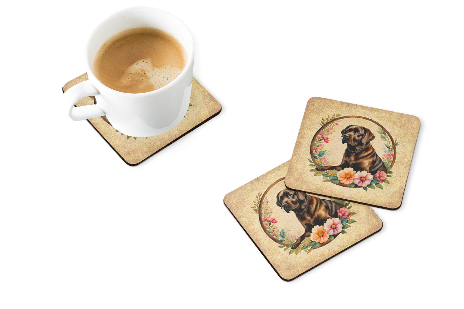 Chocolate Labrador Retriever and Flowers Foam Coasters
