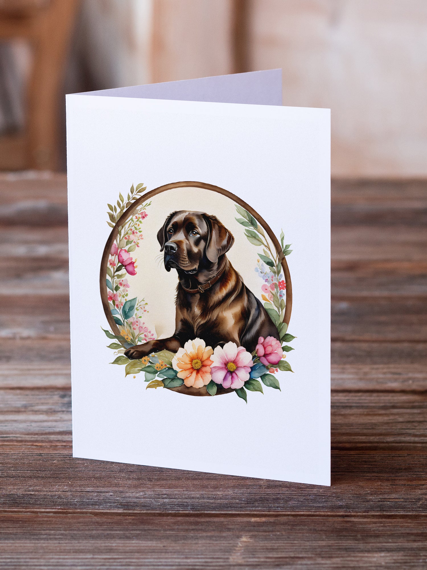 Buy this Chocolate Labrador Retriever and Flowers Greeting Cards and Envelopes Pack of 8