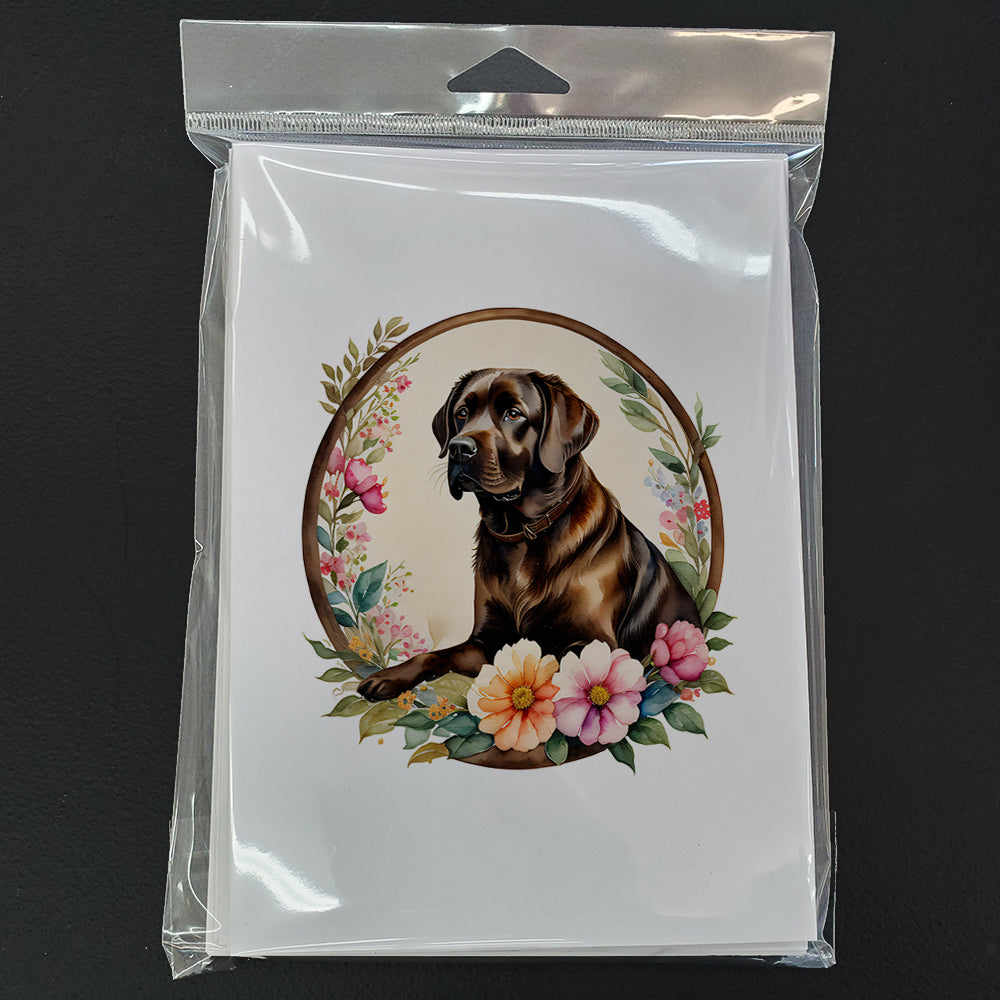 Chocolate Labrador Retriever and Flowers Greeting Cards and Envelopes Pack of 8