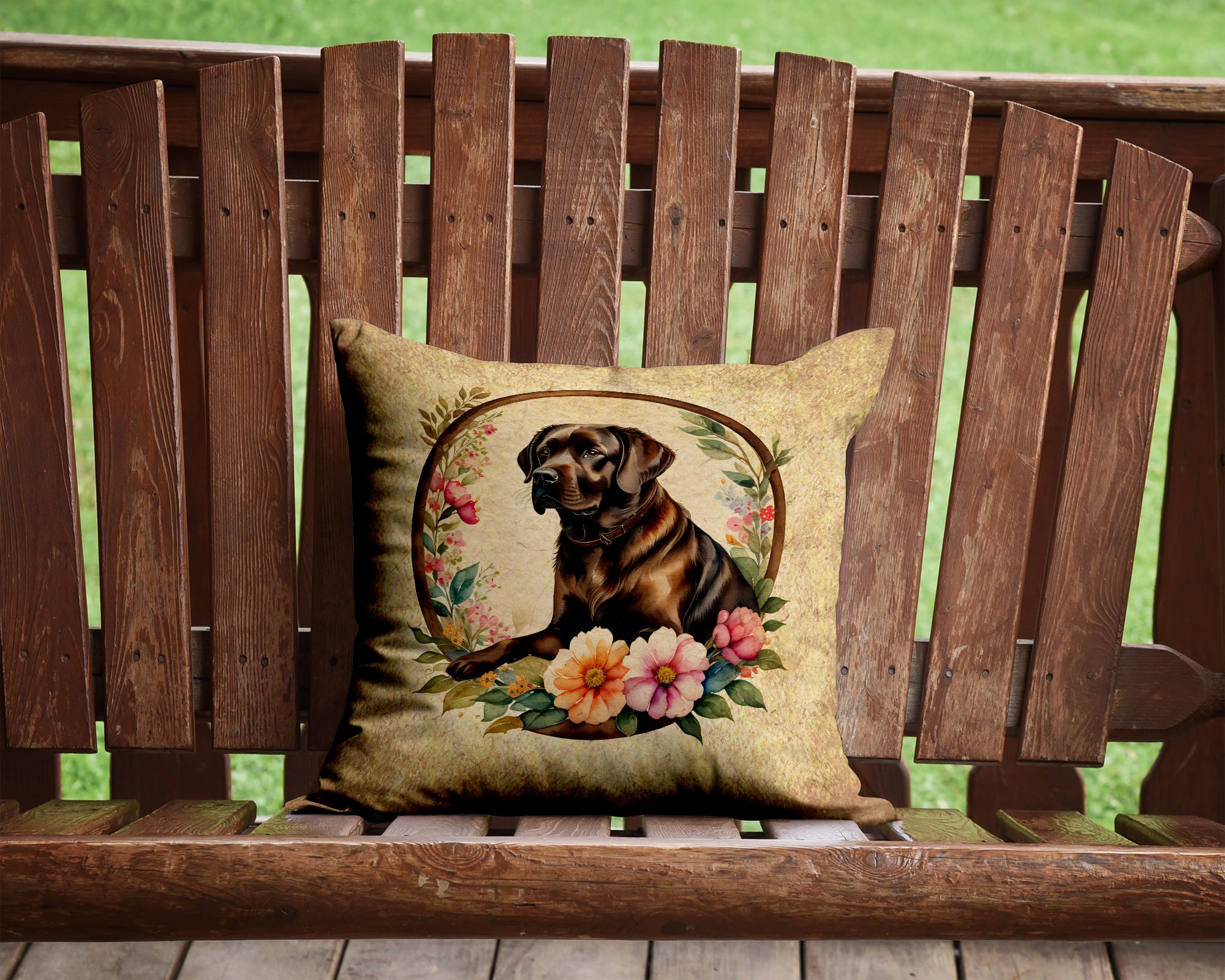 Buy this Chocolate Labrador Retriever and Flowers Fabric Decorative Pillow