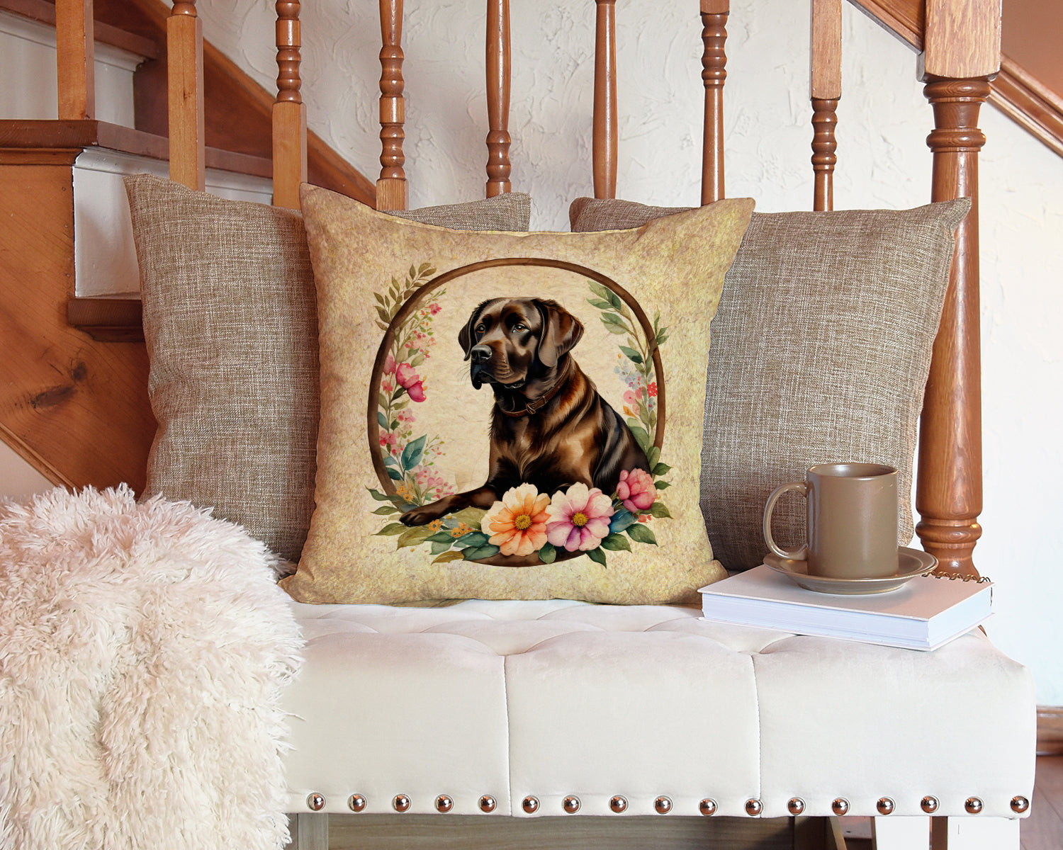 Chocolate Labrador Retriever and Flowers Fabric Decorative Pillow