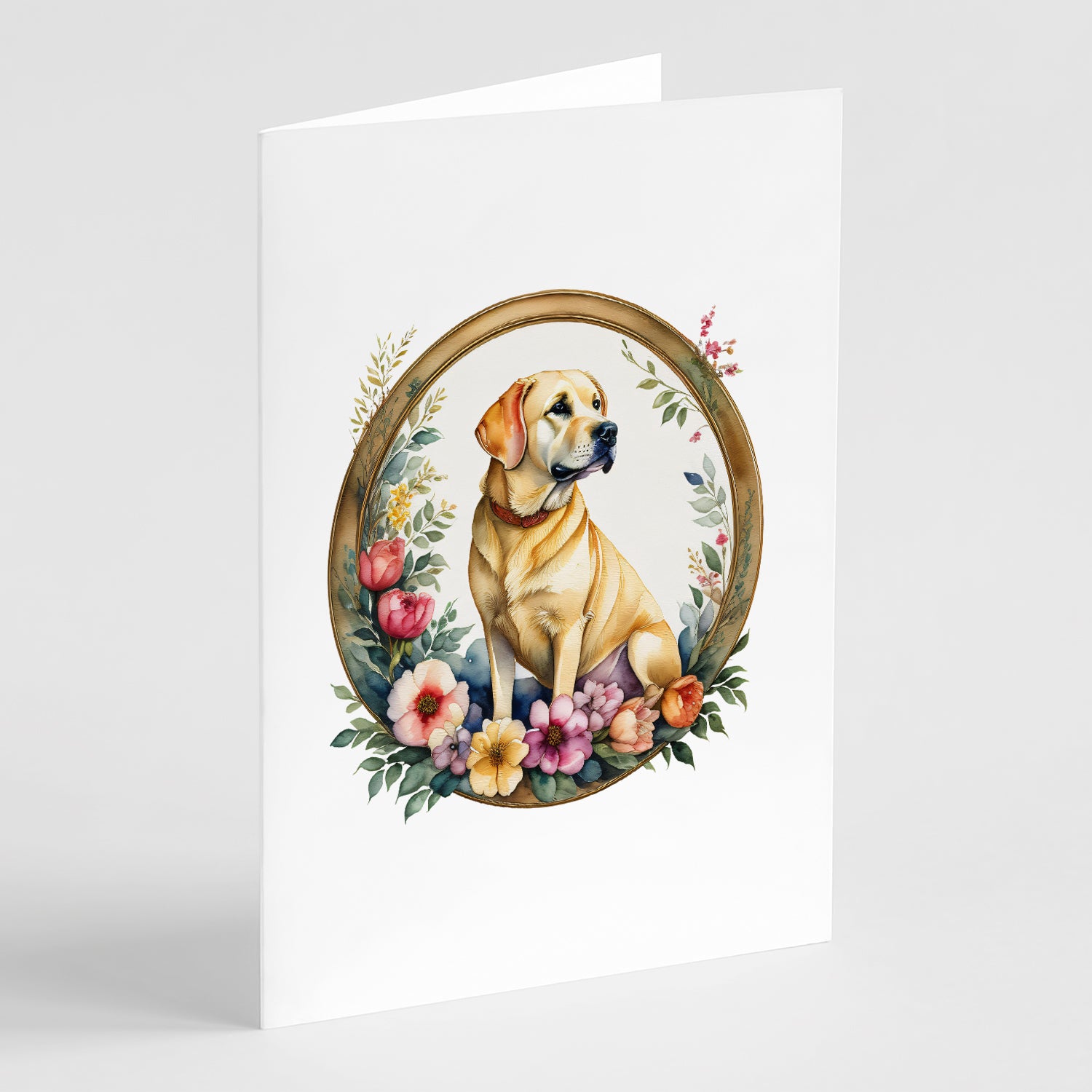 Buy this Yellow Labrador Retriever and Flowers Greeting Cards and Envelopes Pack of 8