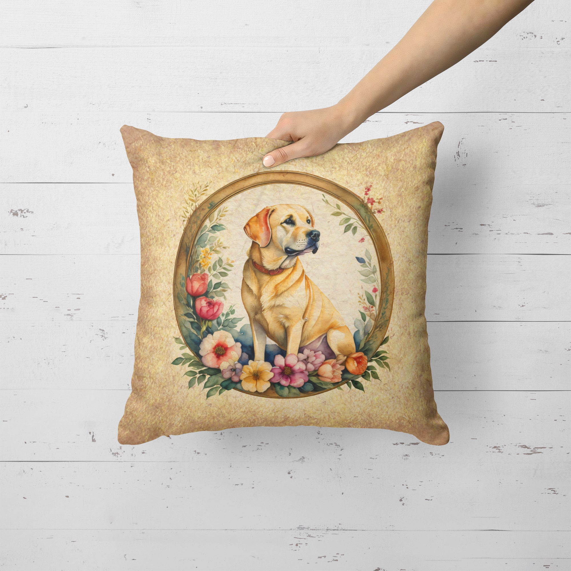 Buy this Yellow Labrador Retriever and Flowers Fabric Decorative Pillow