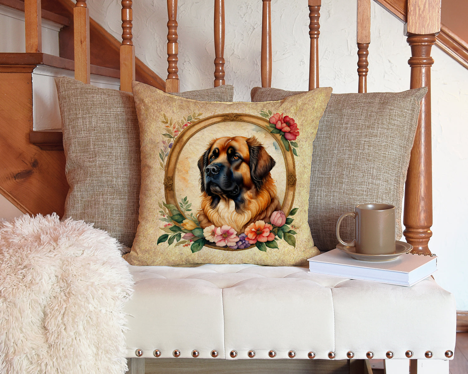 Leonberger and Flowers Fabric Decorative Pillow