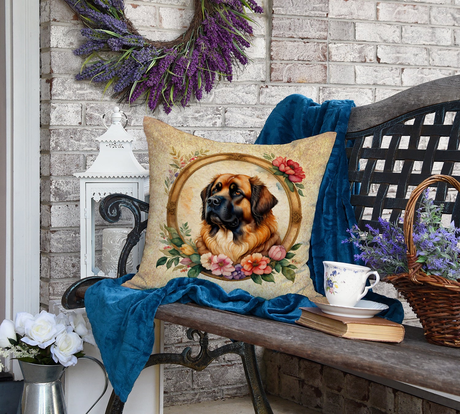 Leonberger and Flowers Fabric Decorative Pillow