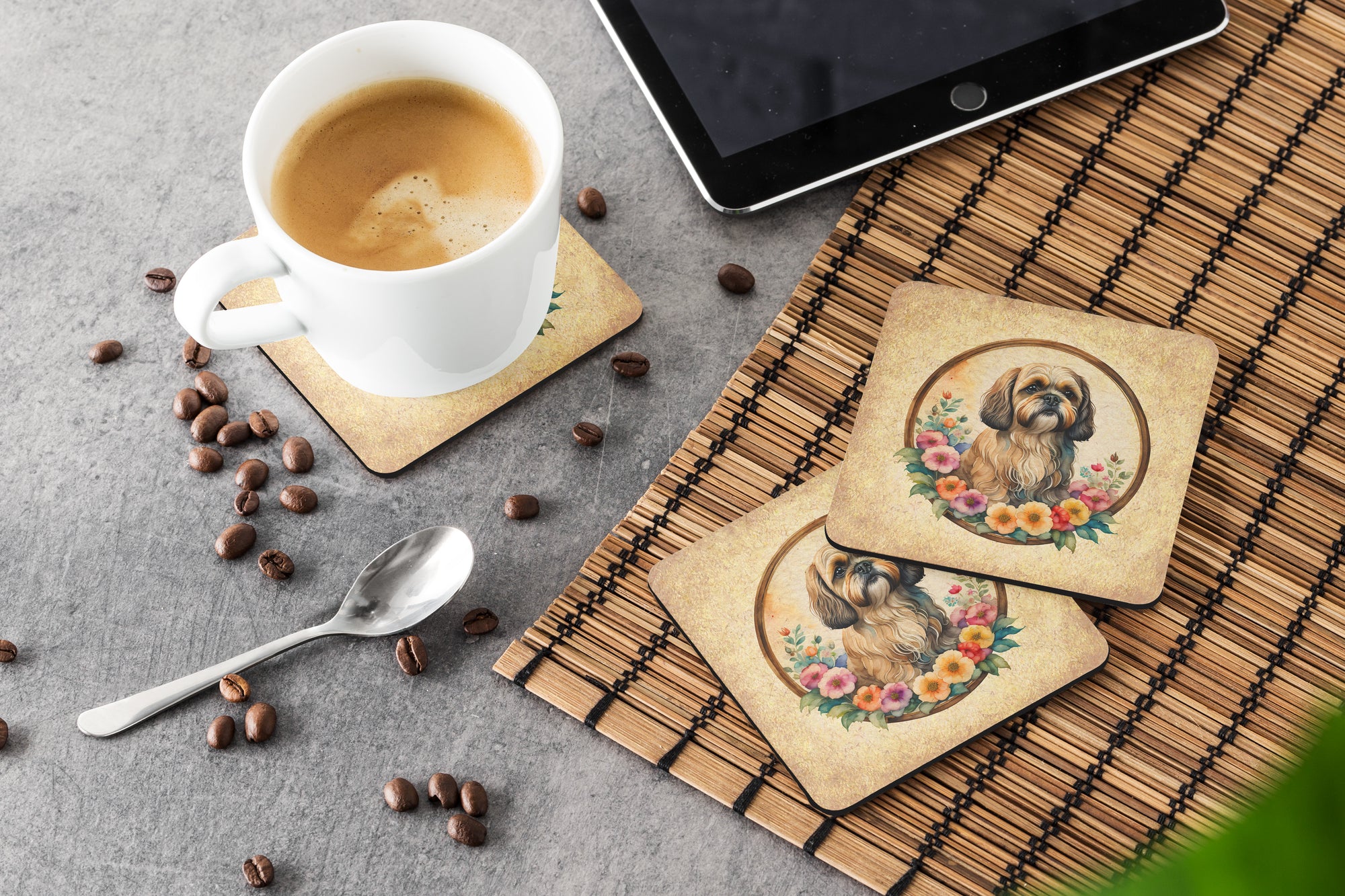 Lhasa Apso and Flowers Foam Coasters
