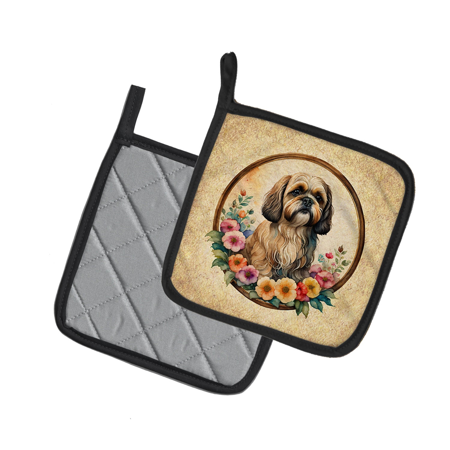 Lhasa Apso and Flowers Pair of Pot Holders