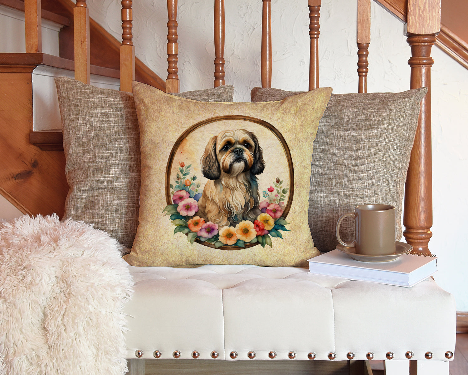 Lhasa Apso and Flowers Fabric Decorative Pillow