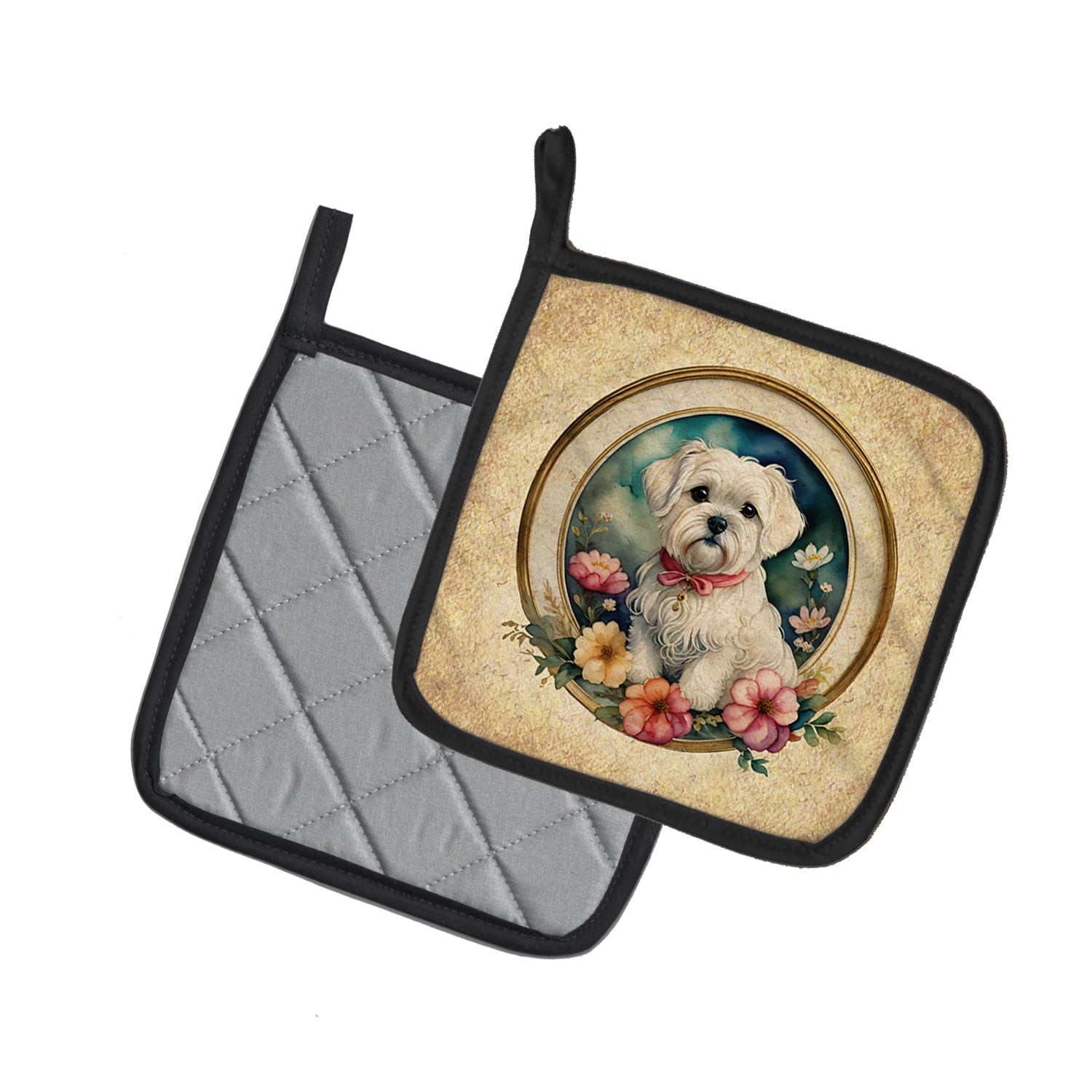 Maltese and Flowers Pair of Pot Holders