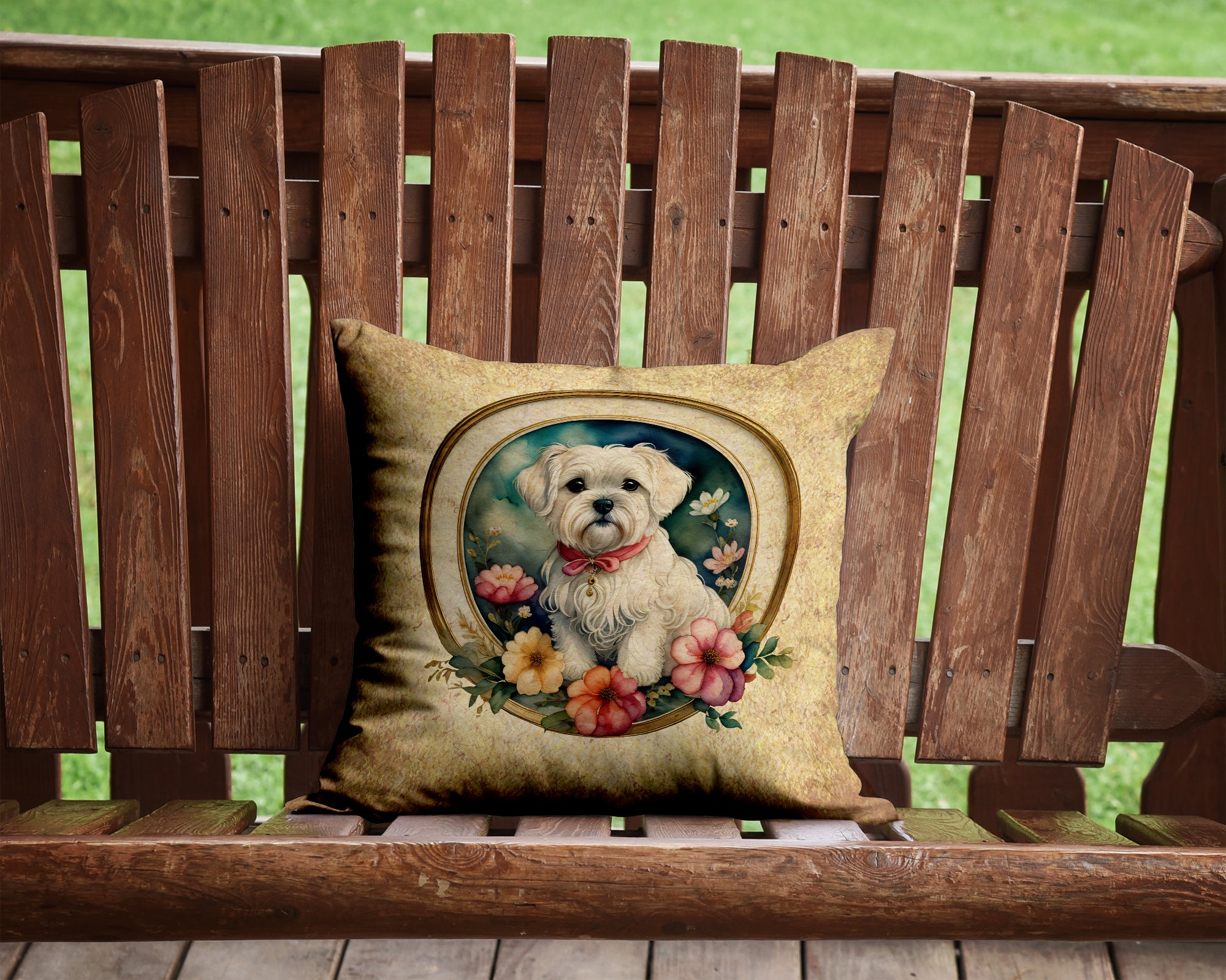 Maltese and Flowers Fabric Decorative Pillow