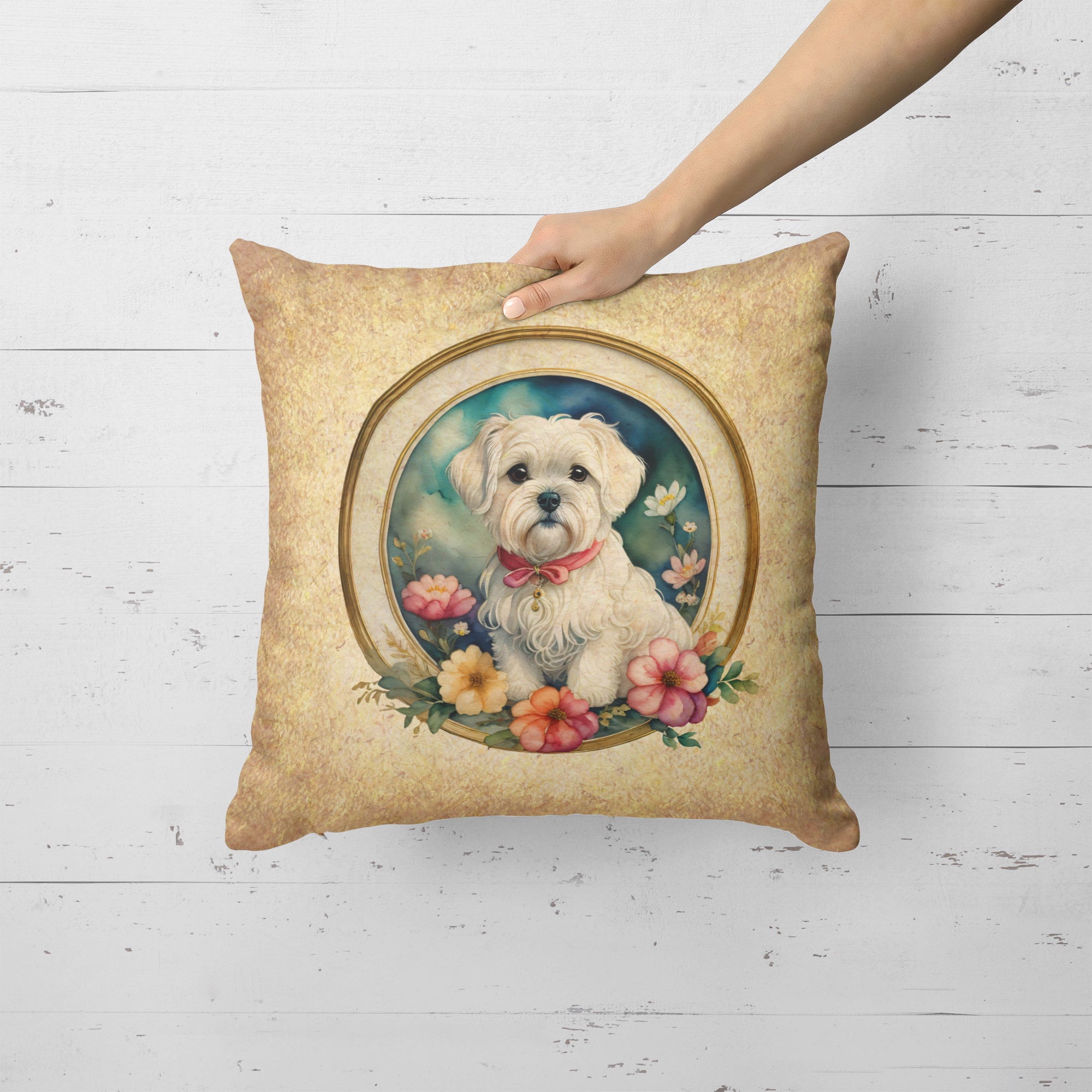 Maltese and Flowers Fabric Decorative Pillow