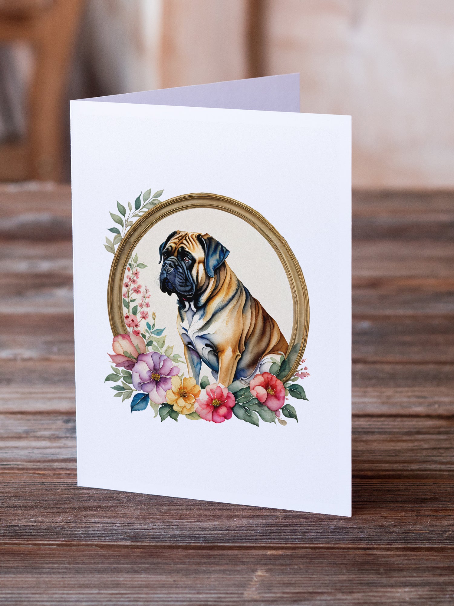 Mastiff and Flowers Greeting Cards and Envelopes Pack of 8