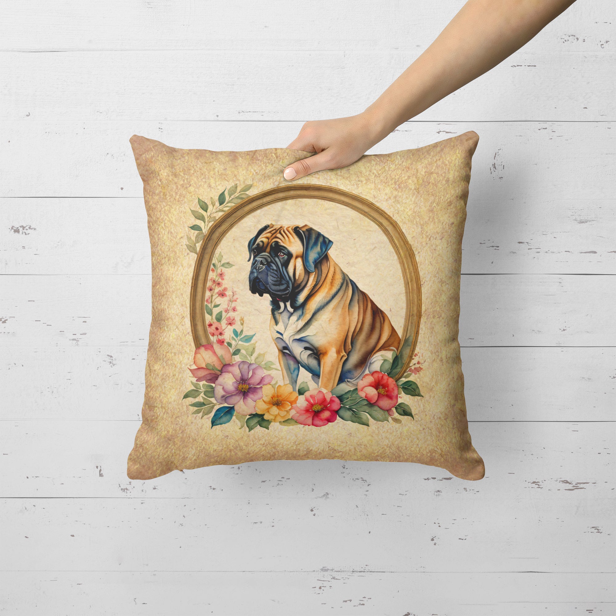 Mastiff and Flowers Fabric Decorative Pillow