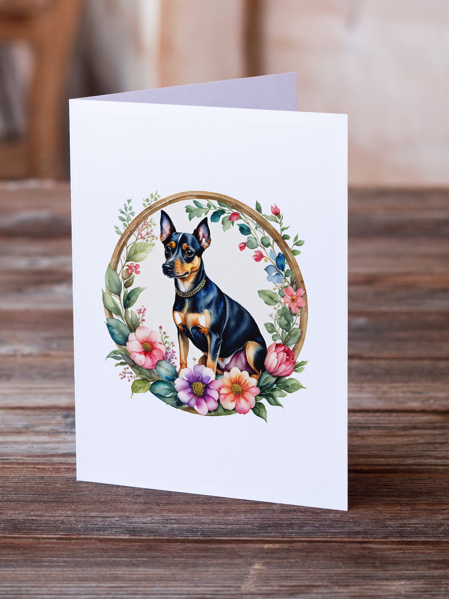 Miniature Pinscher and Flowers Greeting Cards and Envelopes Pack of 8