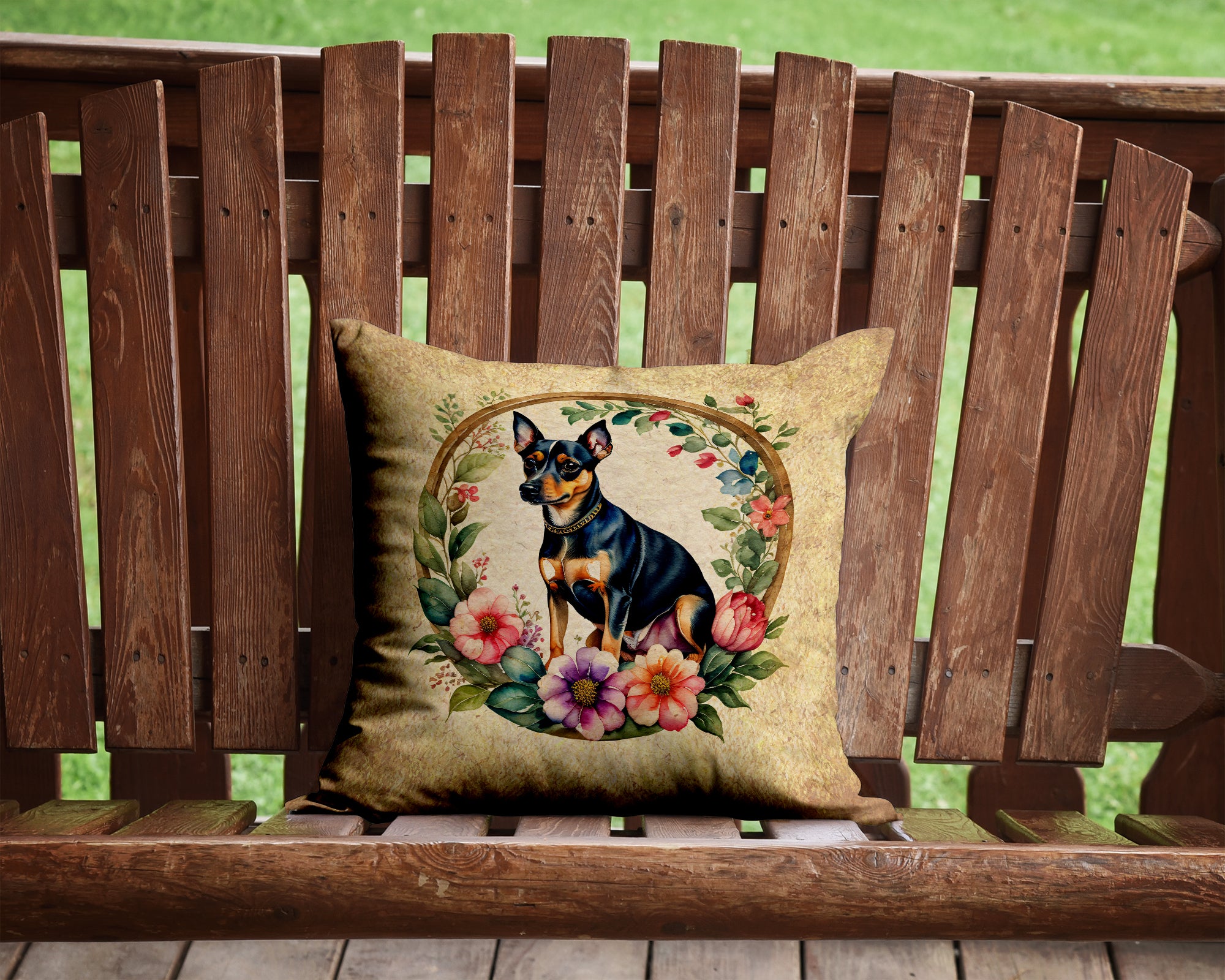 Buy this Miniature Pinscher and Flowers Fabric Decorative Pillow